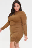 Brown Plus Size Ruched Drawstring Dress 2