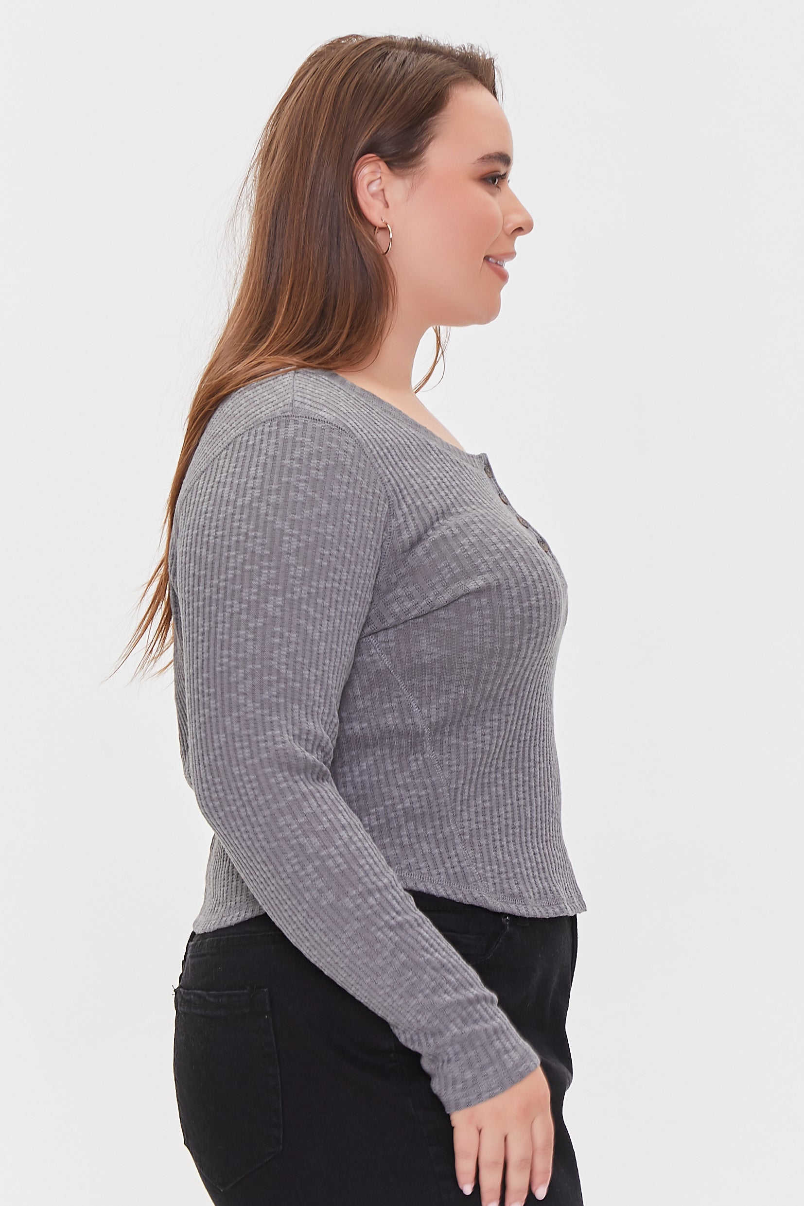 Steeple Grey Plus Size Ribbed Knit Henley Top 2