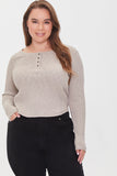 Taupe Plus Size Ribbed Knit Henley Top 1