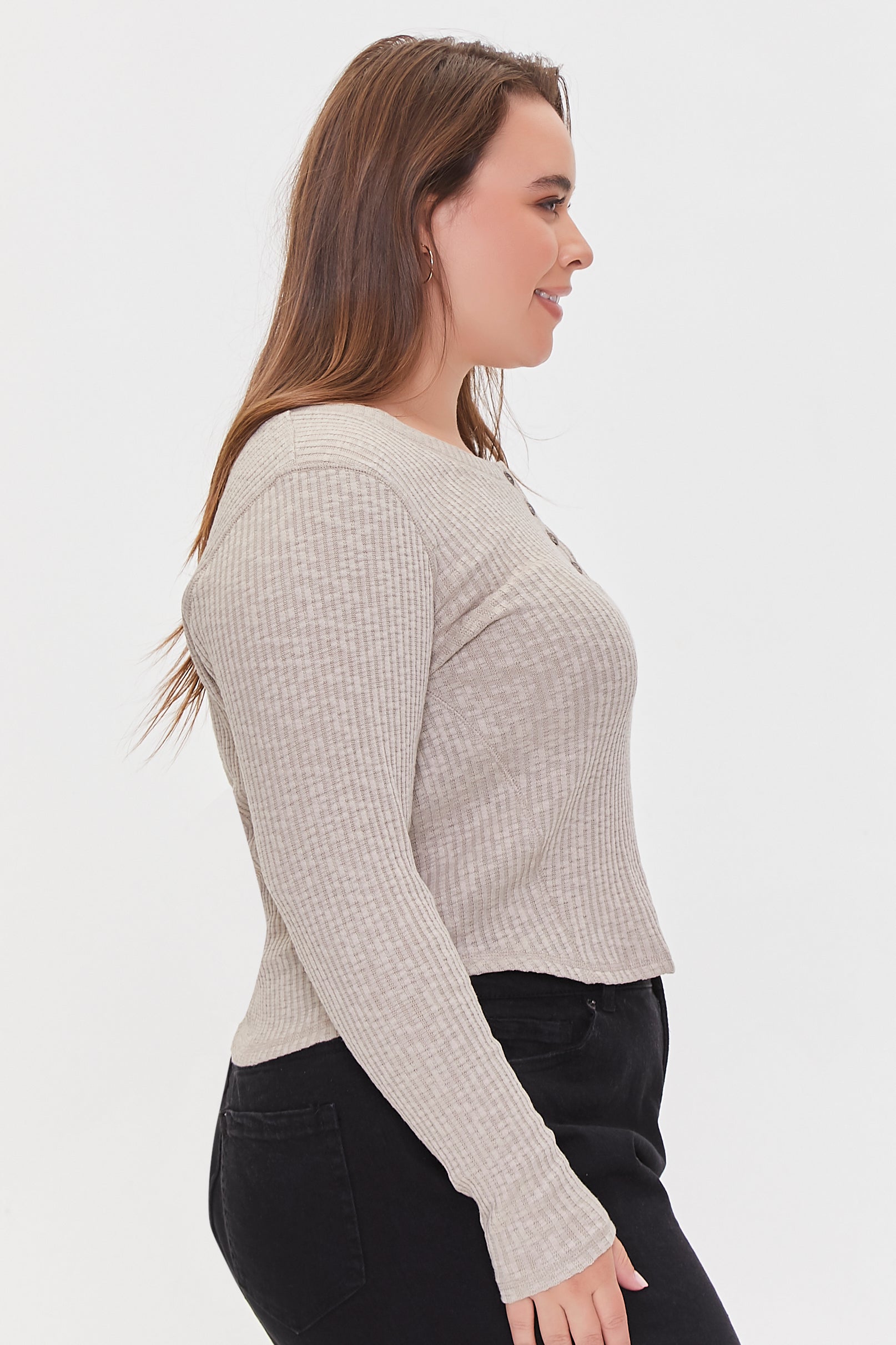 Taupe Plus Size Ribbed Knit Henley Top 2