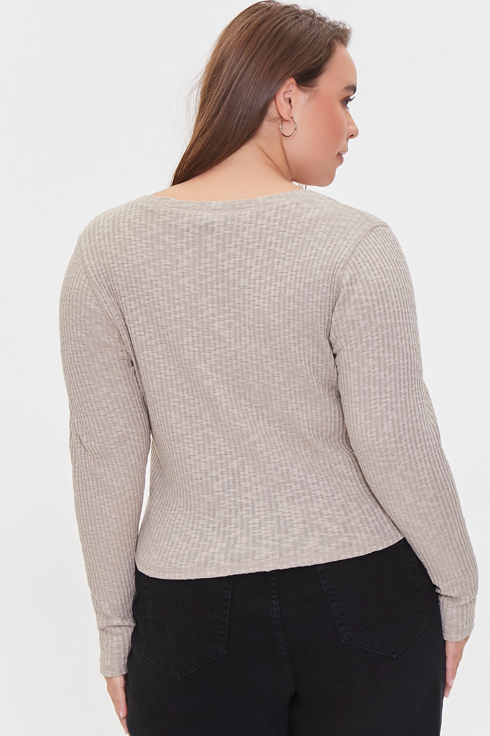 Taupe Plus Size Ribbed Knit Henley Top 3