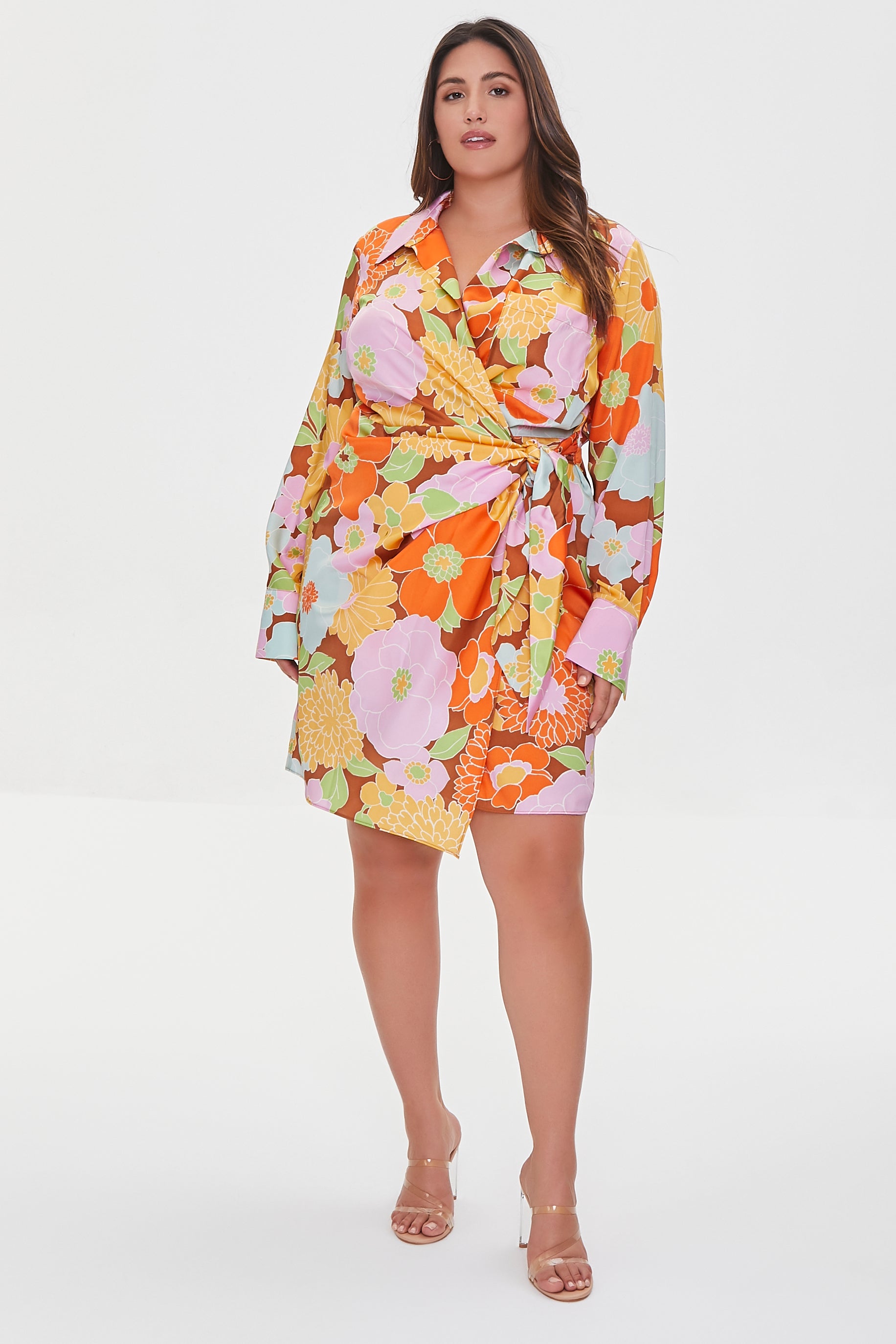 Orange/multi Plus Size Floral Print Mini Dress