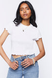 White Cropped Ribbed Lettuce-Edge Tee