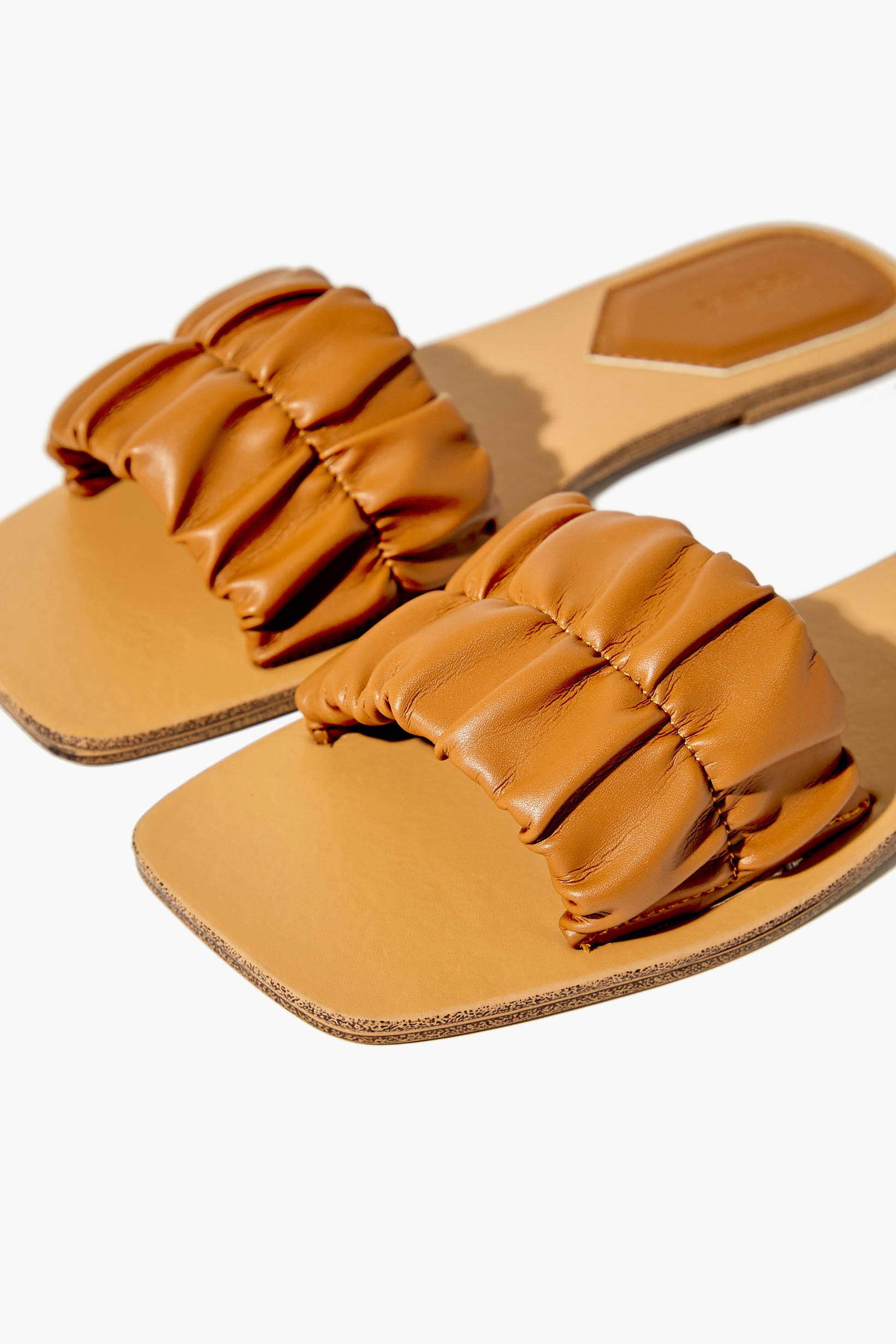 Tan Ruched Faux Leather Flat Sandals 4