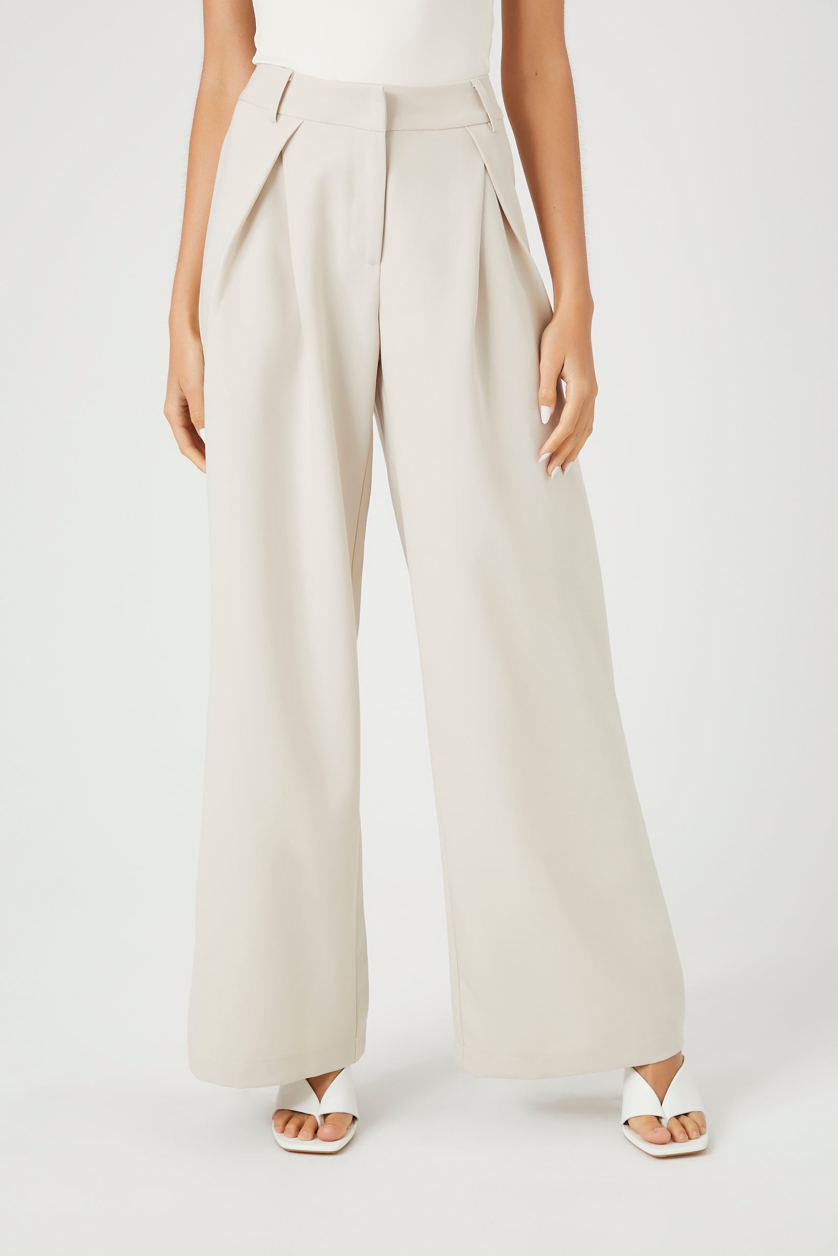 Natural Pleated Wide-Leg Trouser Pants