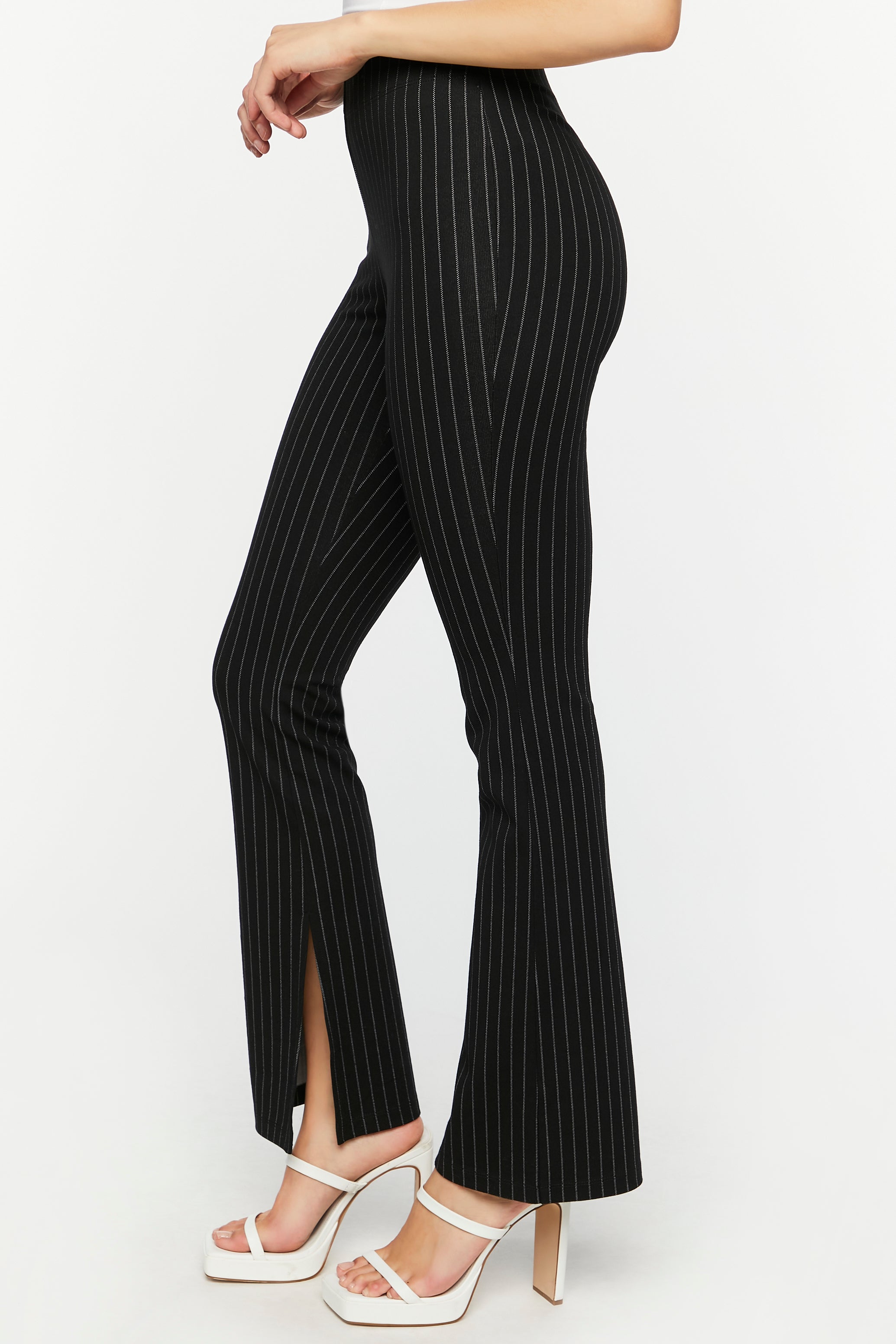 Black/White Pinstriped Split-Hem Straight-Leg Pants 4