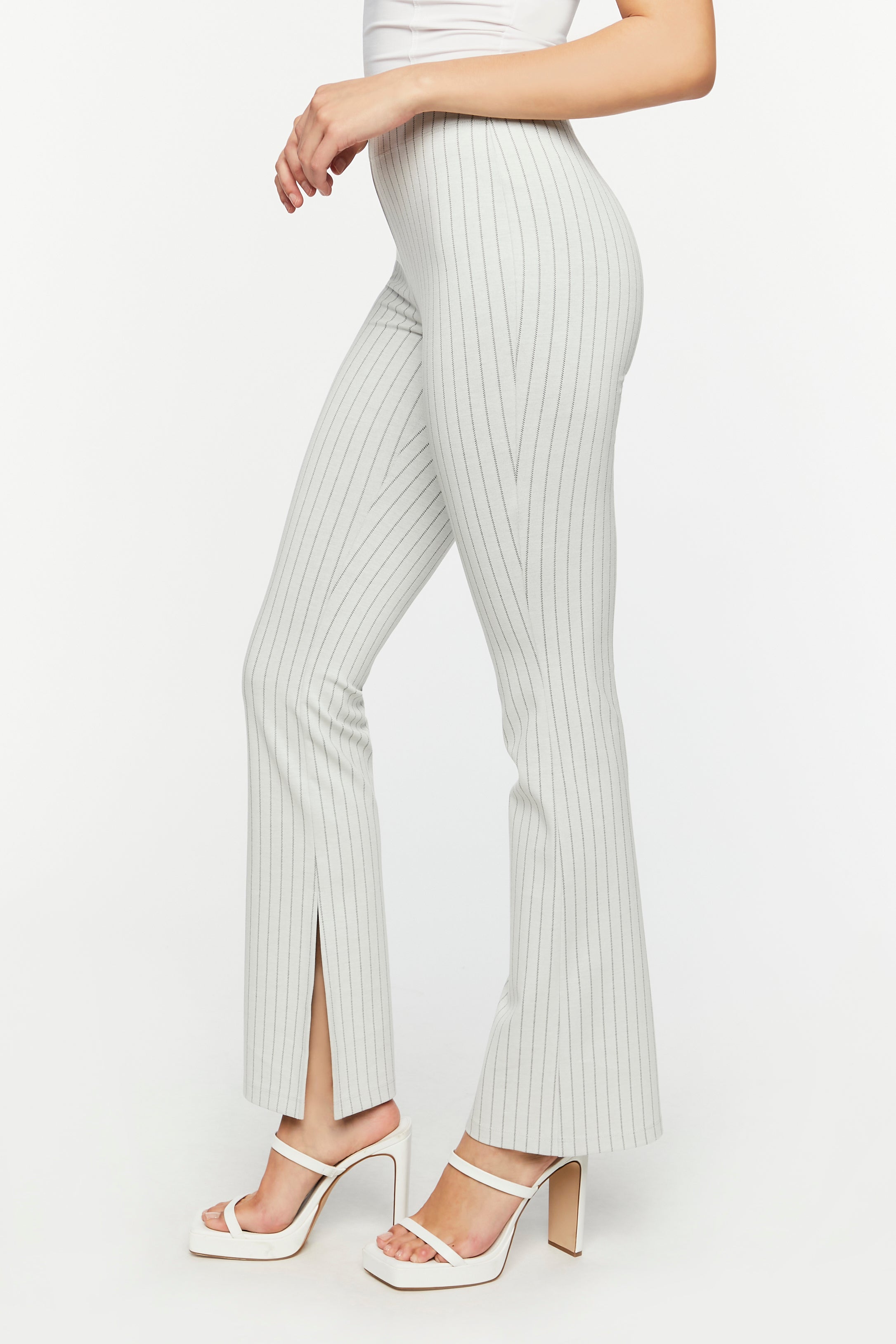White/Black Pinstriped Split-Hem Straight-Leg Pants 5