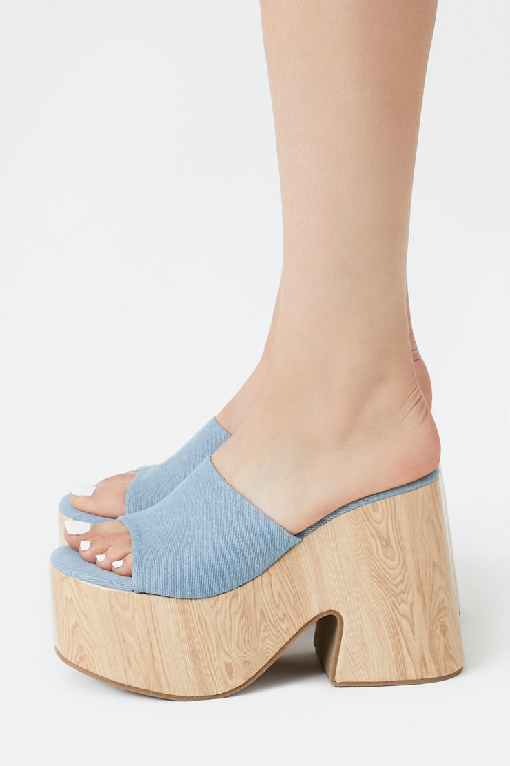 Blue Denim Wooden Platform Block Heels 1
