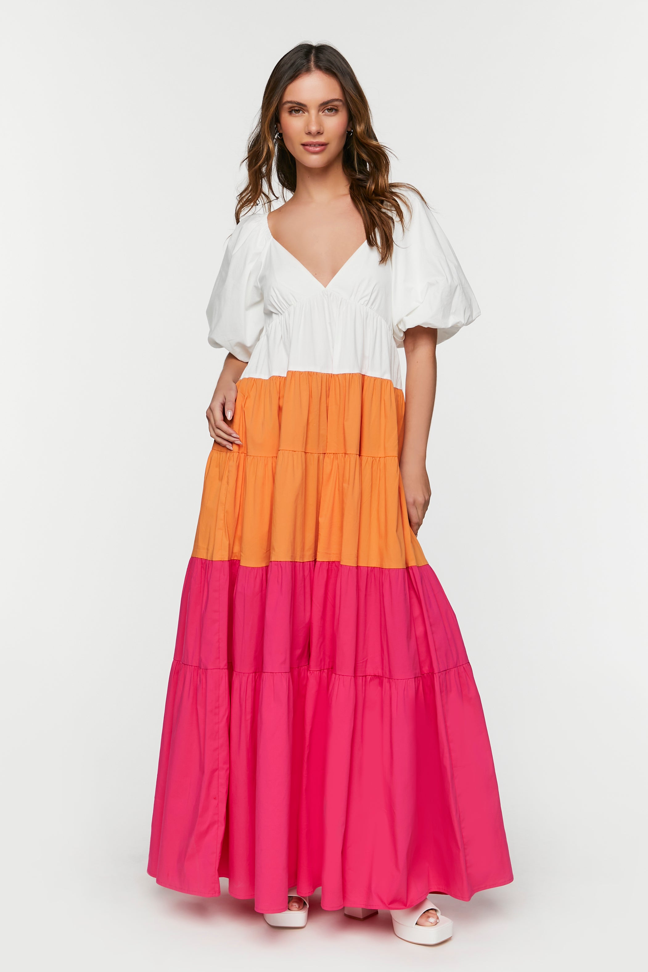 Orange/multi Colorblock Tiered Maxi Dress 