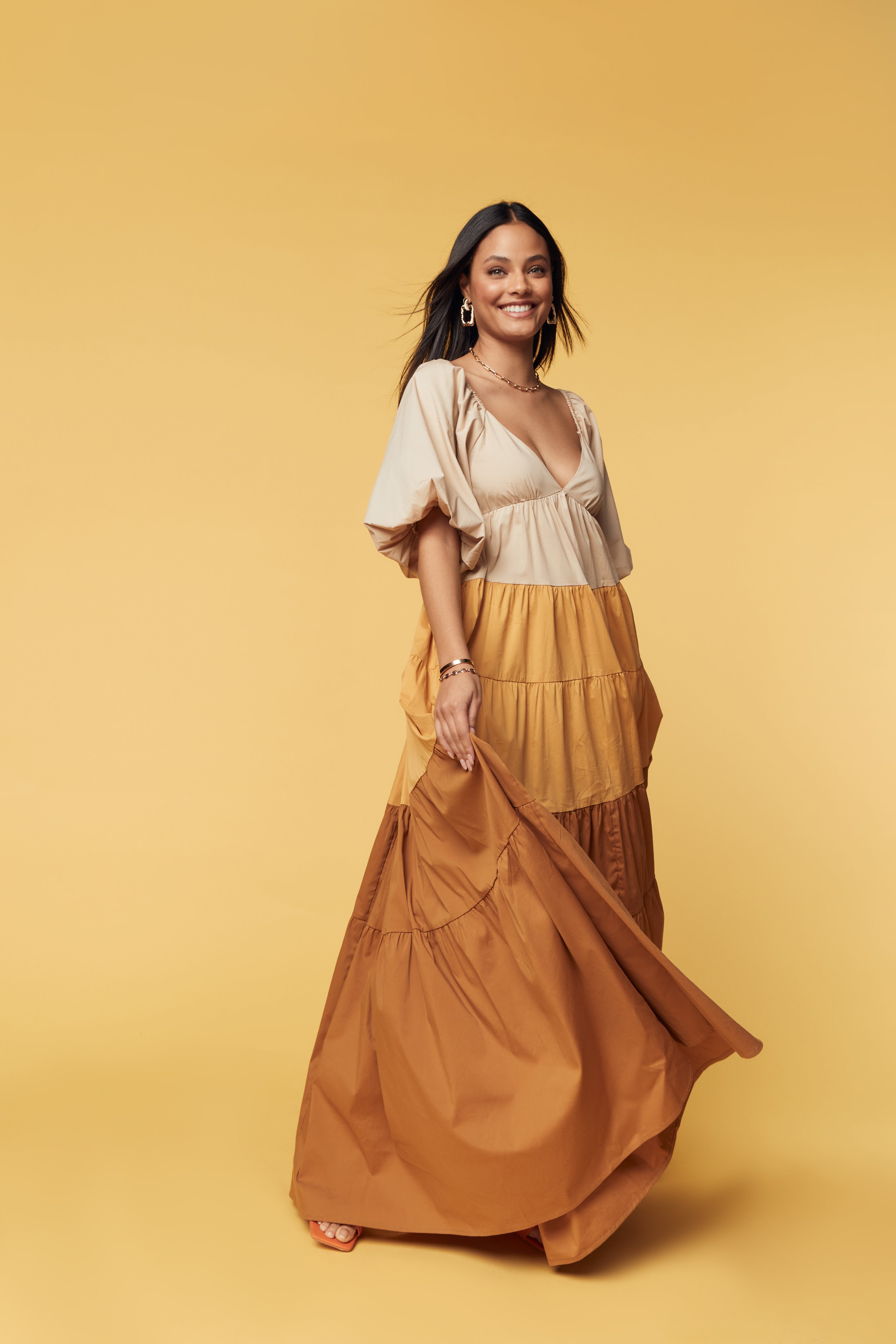 Brown/multi Colorblock Tiered Maxi Dress