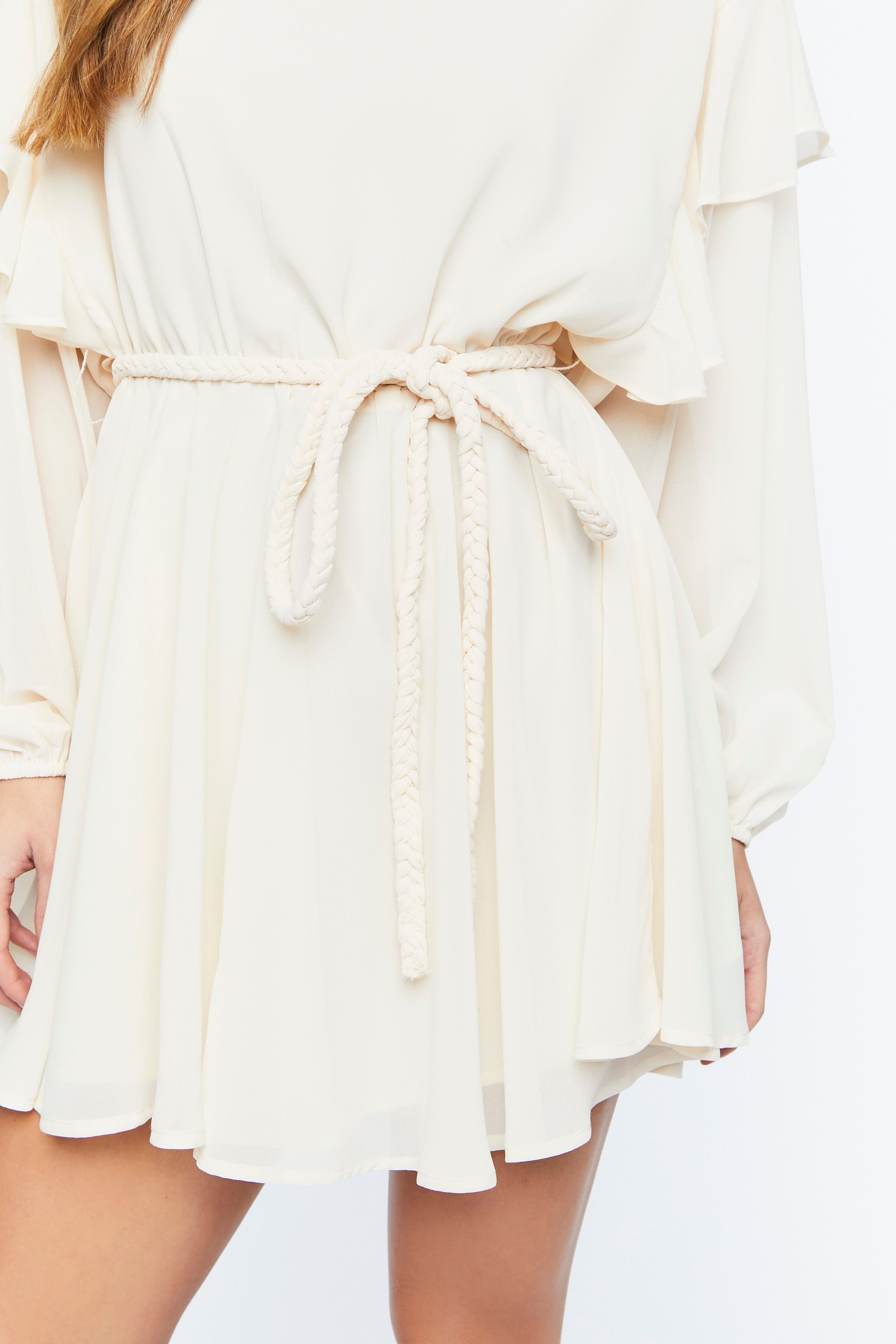 Ivory Chiffon Belted Flounce Mini Dress 2