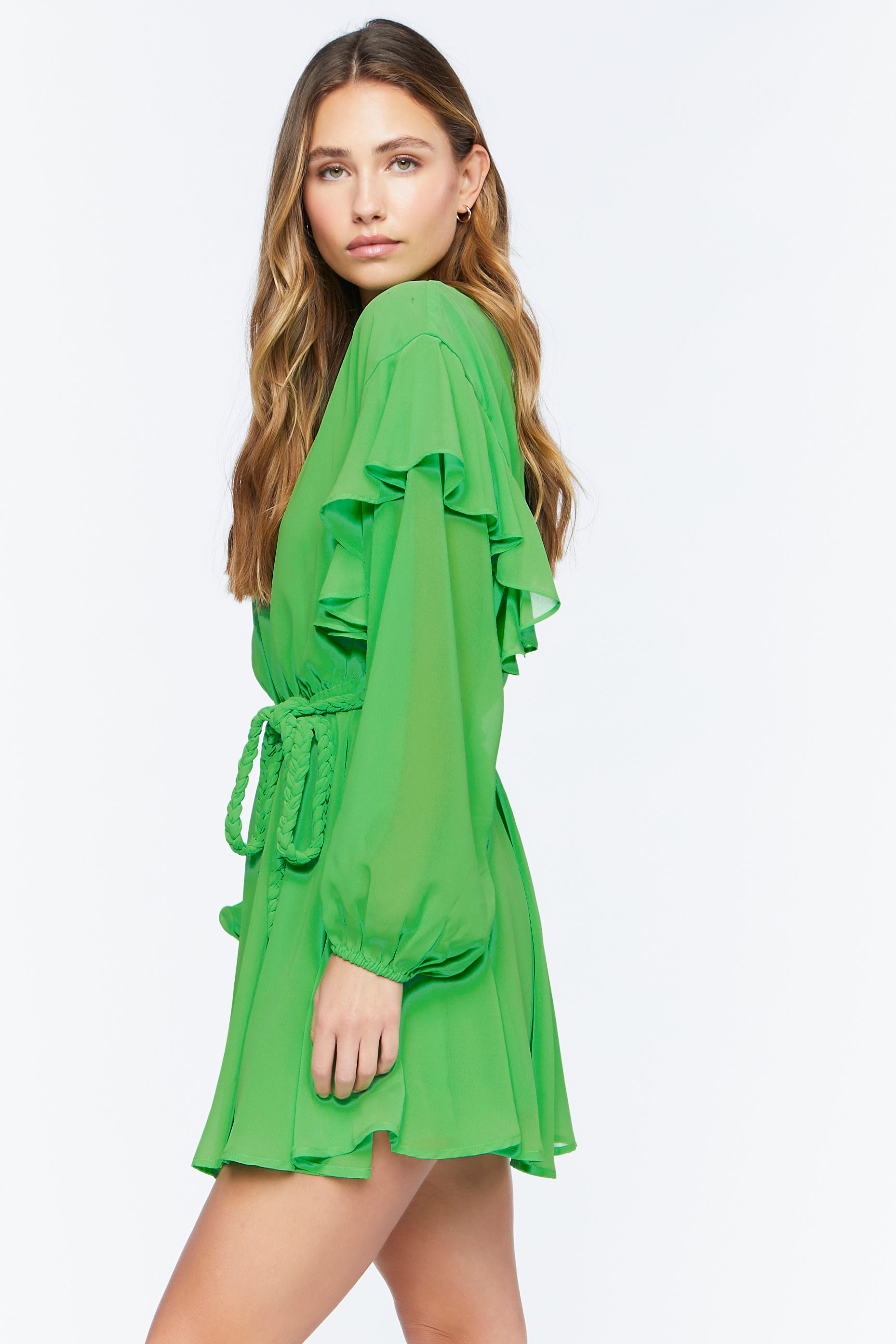 Green Chiffon Belted Flounce Mini Dress 3