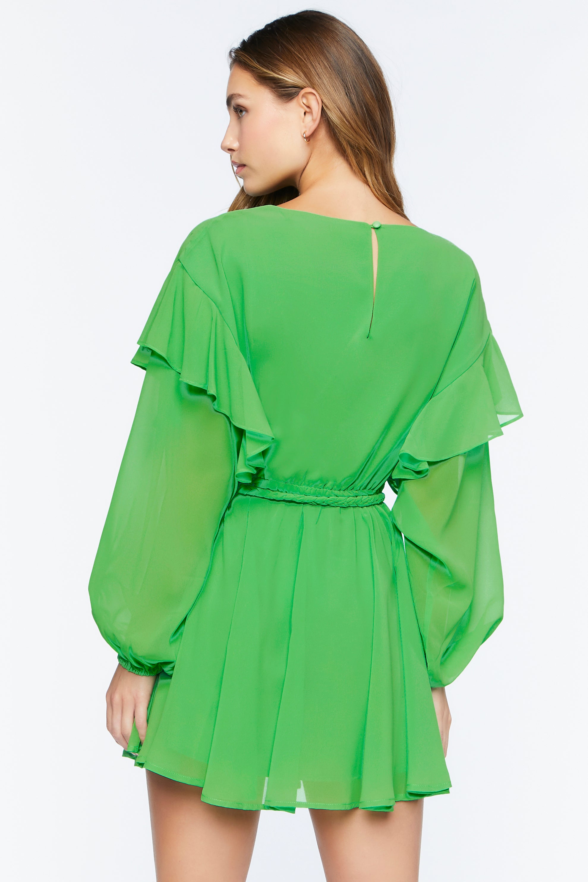 Green Chiffon Belted Flounce Mini Dress 4