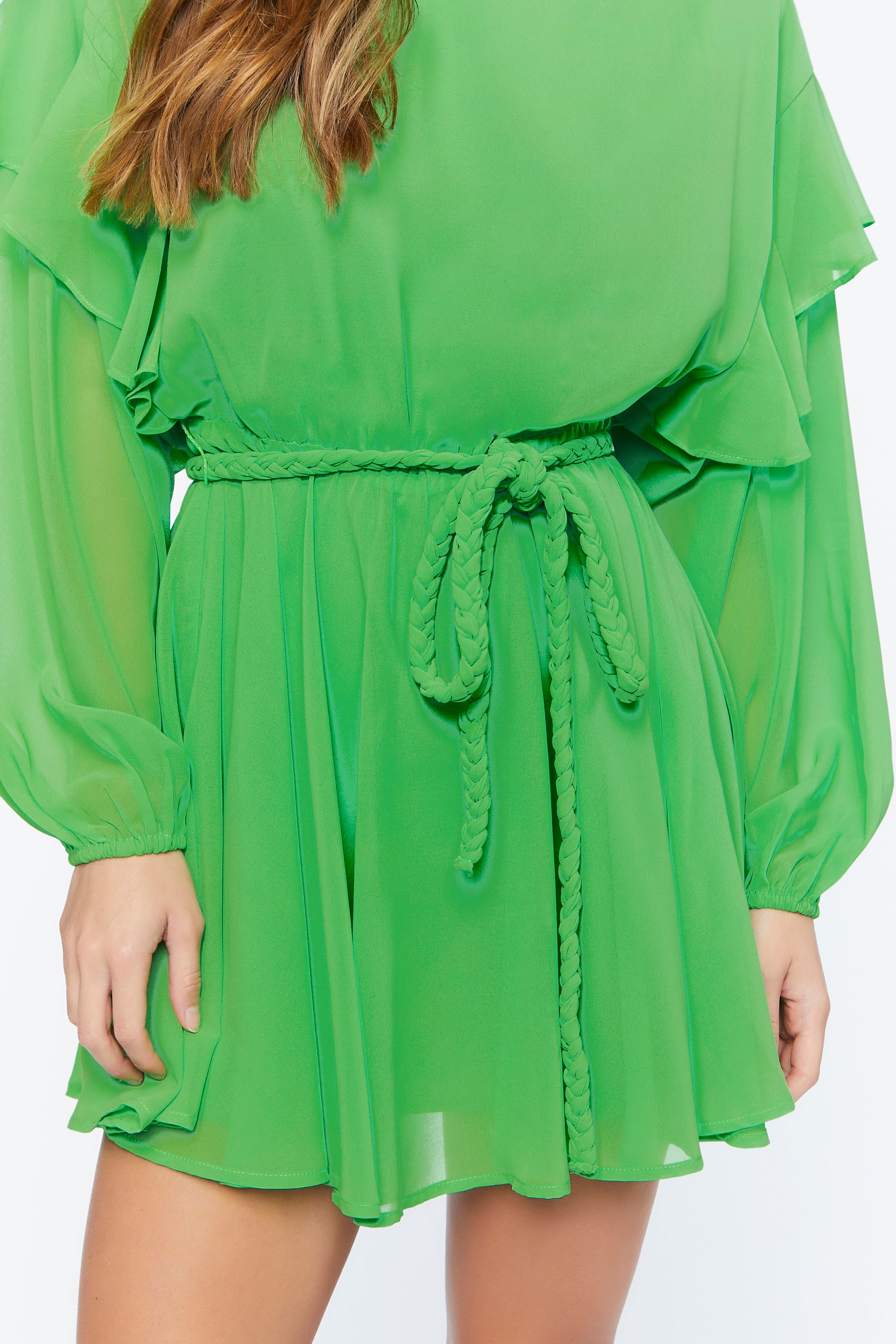 Green Chiffon Belted Flounce Mini Dress 2