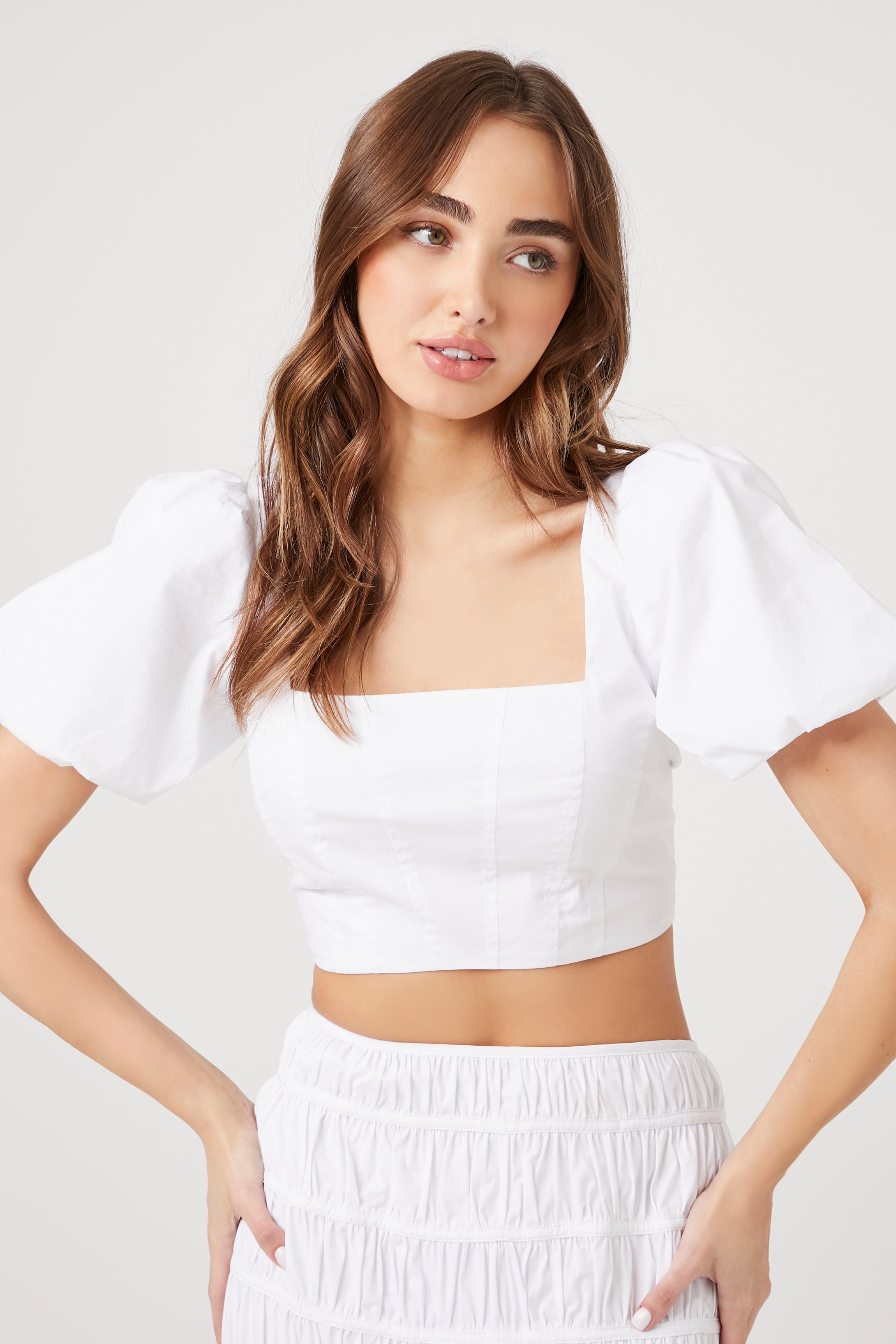 White Puff Sleeve Crop Top & Mini Skirt Set 2