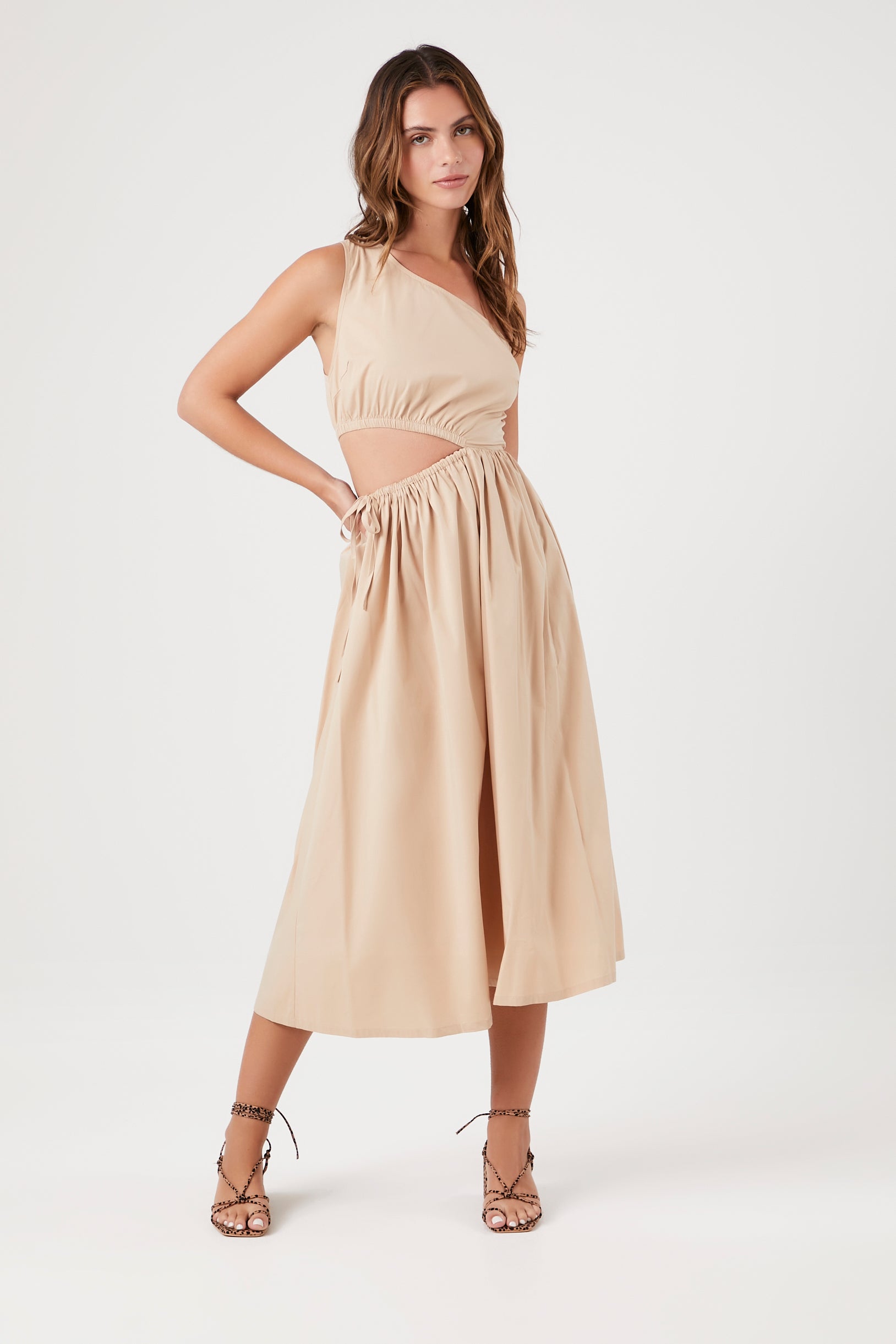Taupe Poplin One-Shoulder Midi Dress