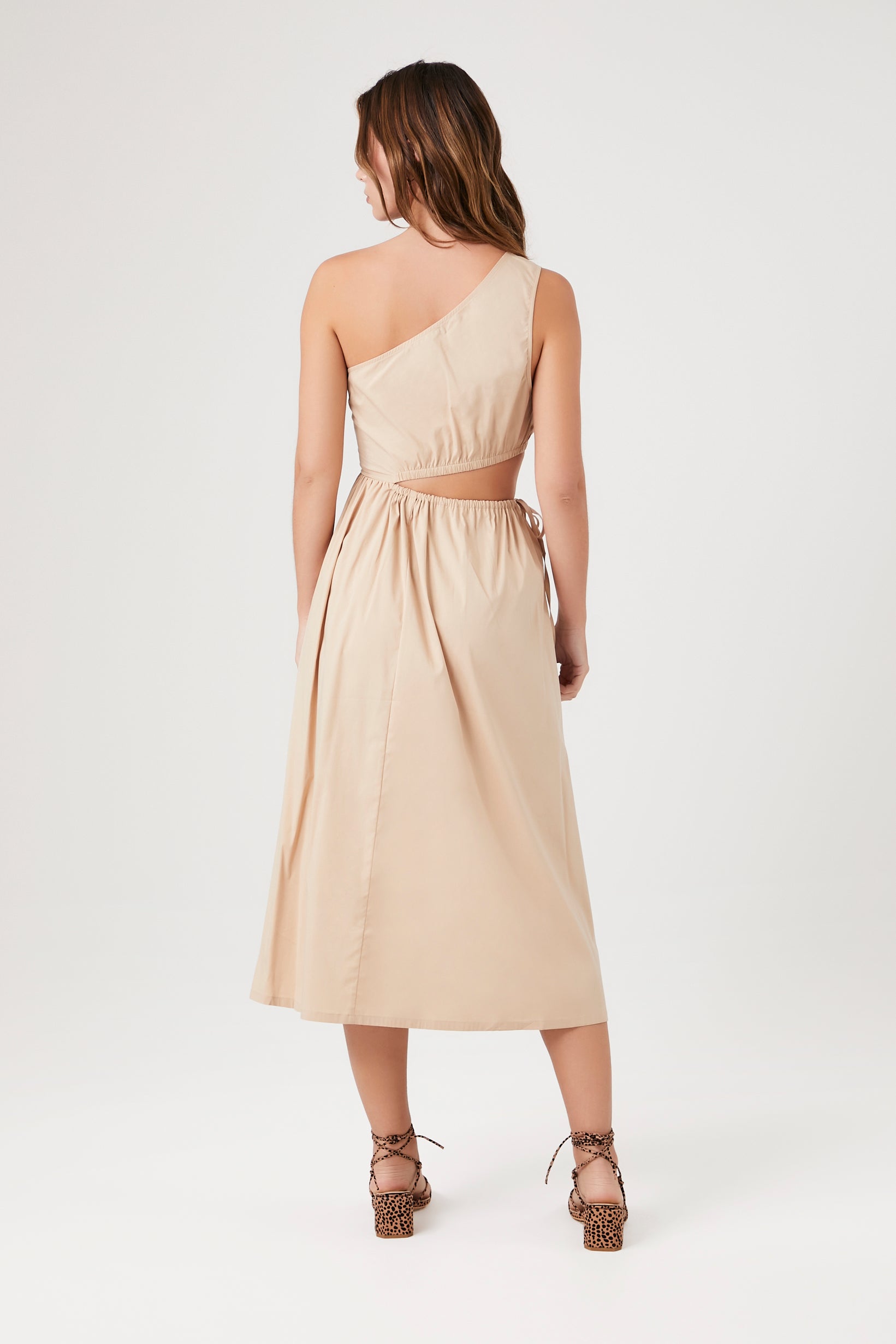 Taupe Poplin One-Shoulder Midi Dress 4