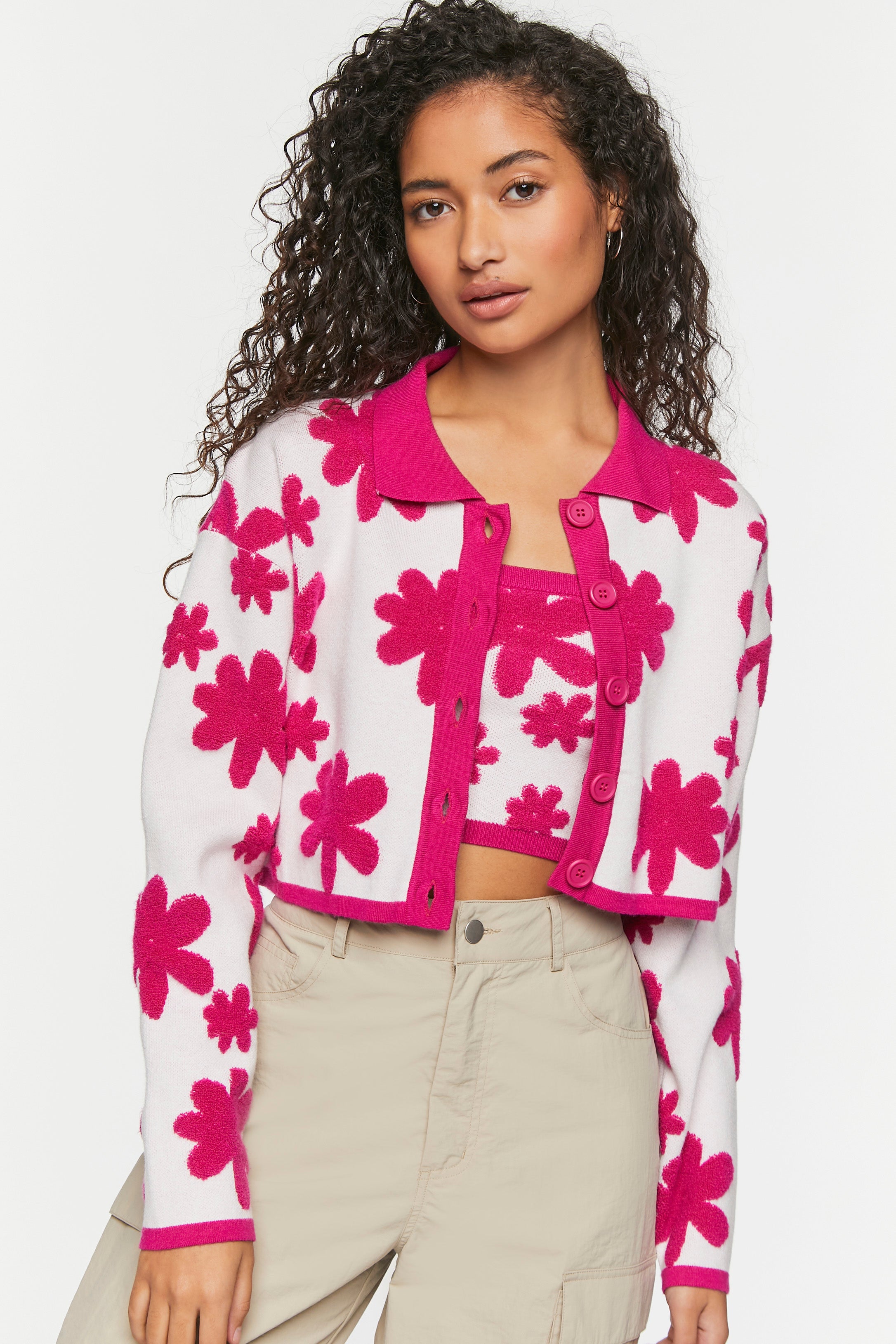 Cream/Flamingo Pink Floral Button Front Cardigan