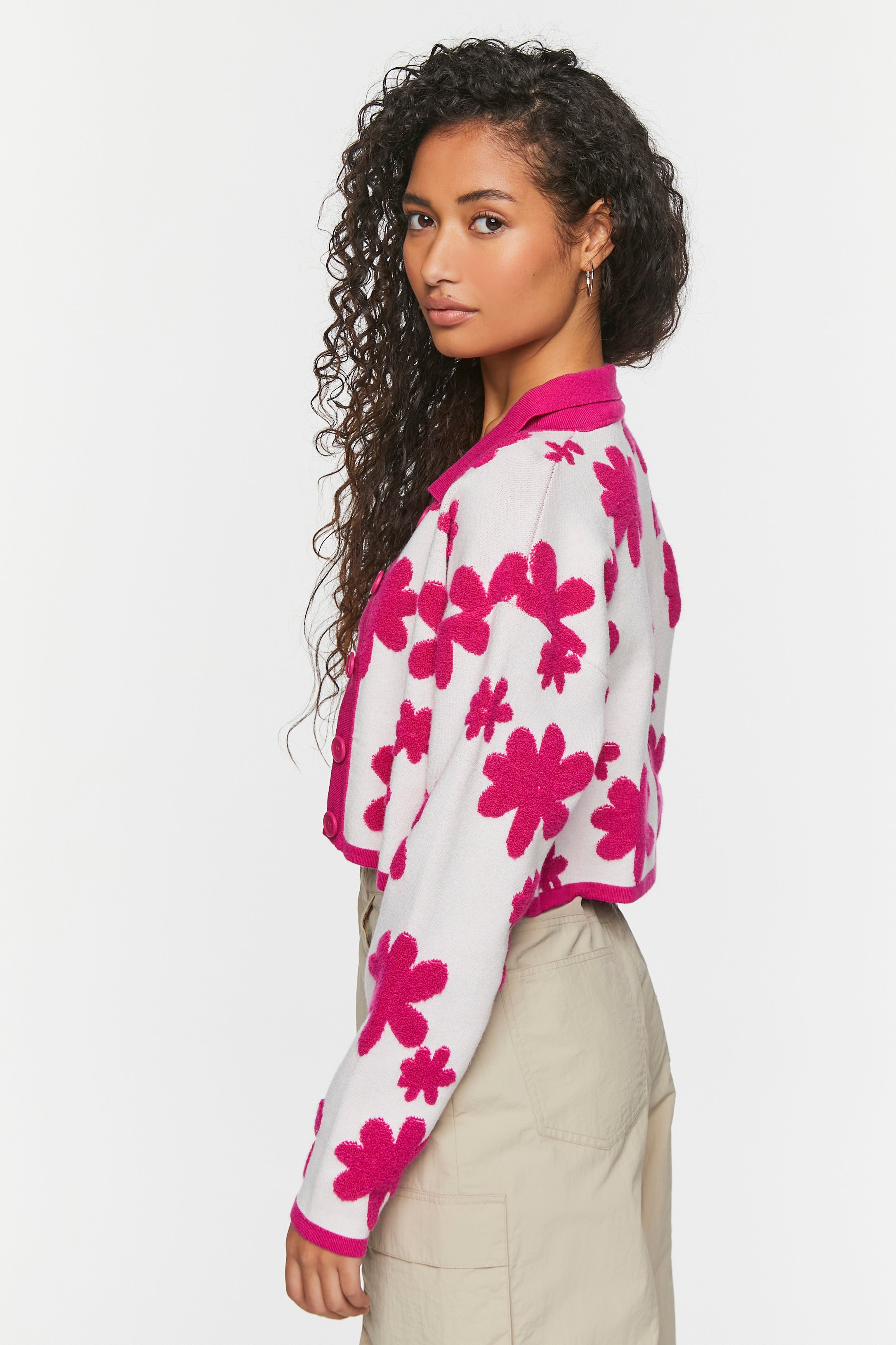 Cream/Flamingo Pink Floral Button Front Cardigan 3