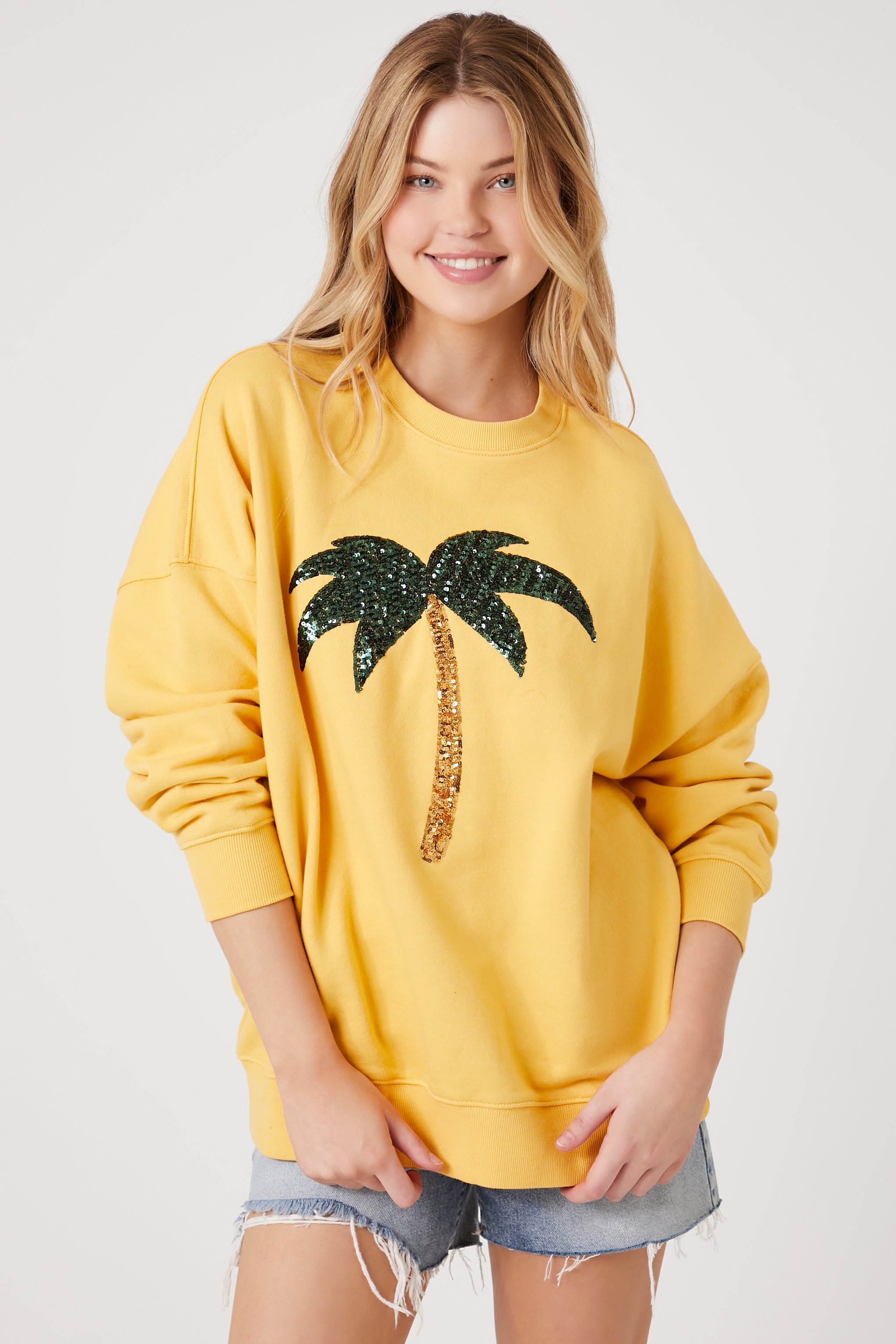 Yellow/multi Glitter Palm Tree Graphic Pullover