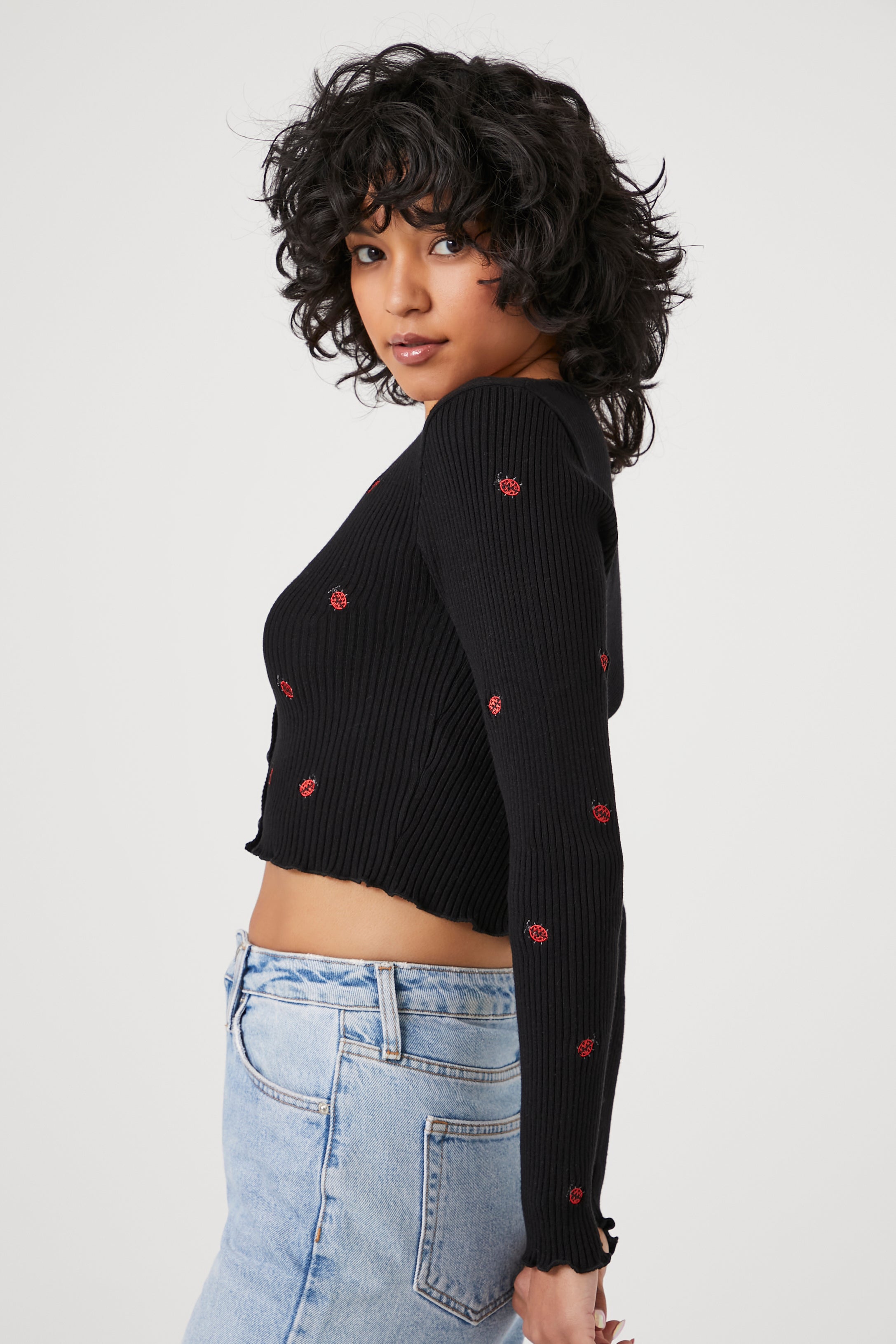 Black/Multi Ladybug Embroidered Cardigan Sweater 2