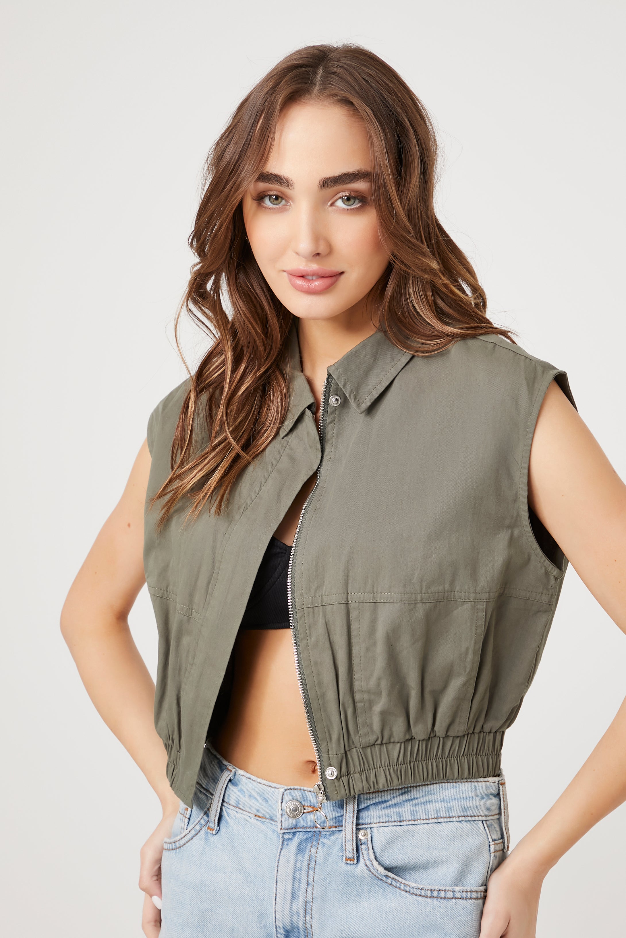 Olive Twill Zip-Up Cropped Vest