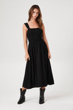Black Shirred Square-Neck Midi Dress