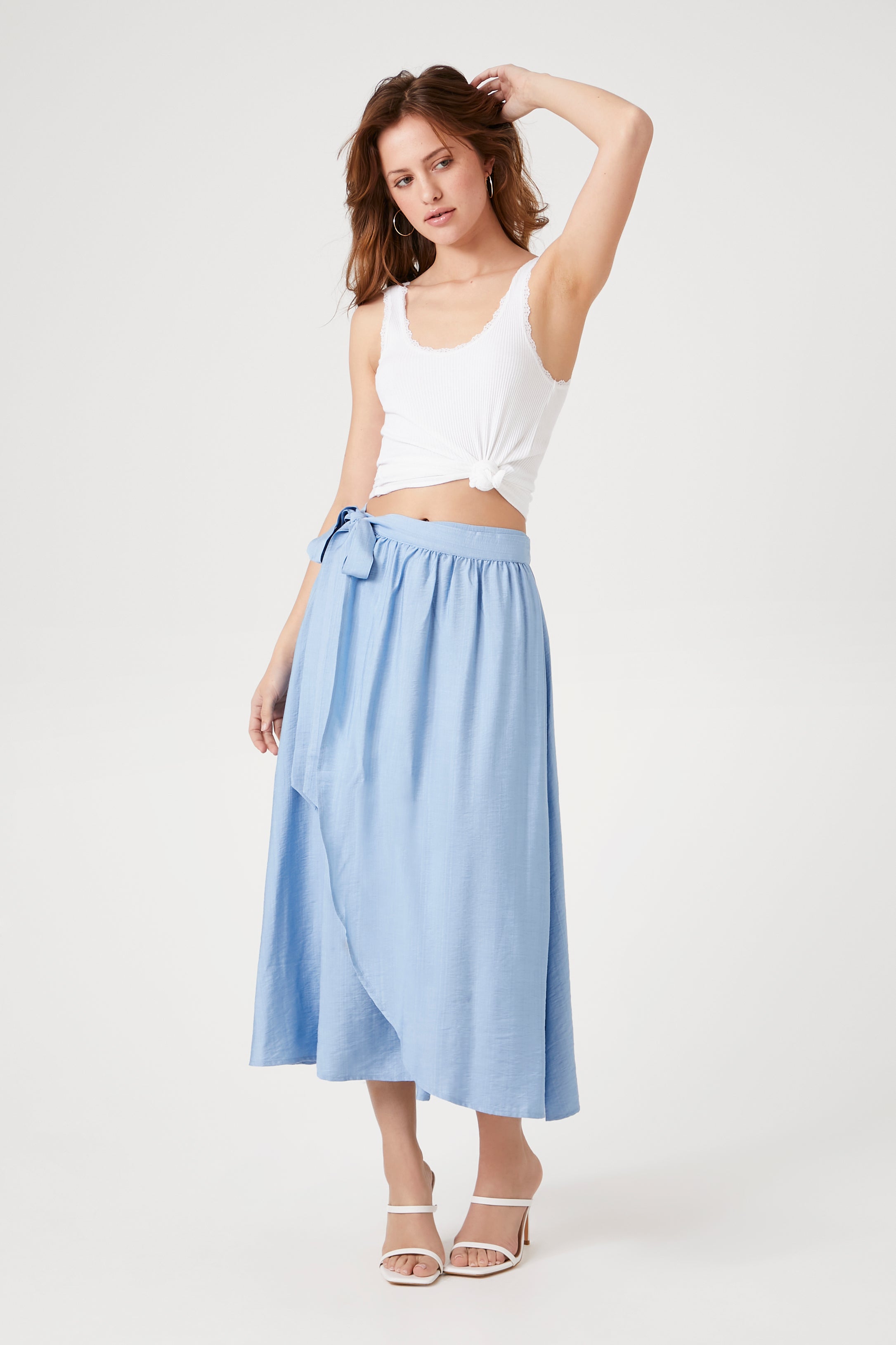 Blue Tie-Front Midi Skirt
