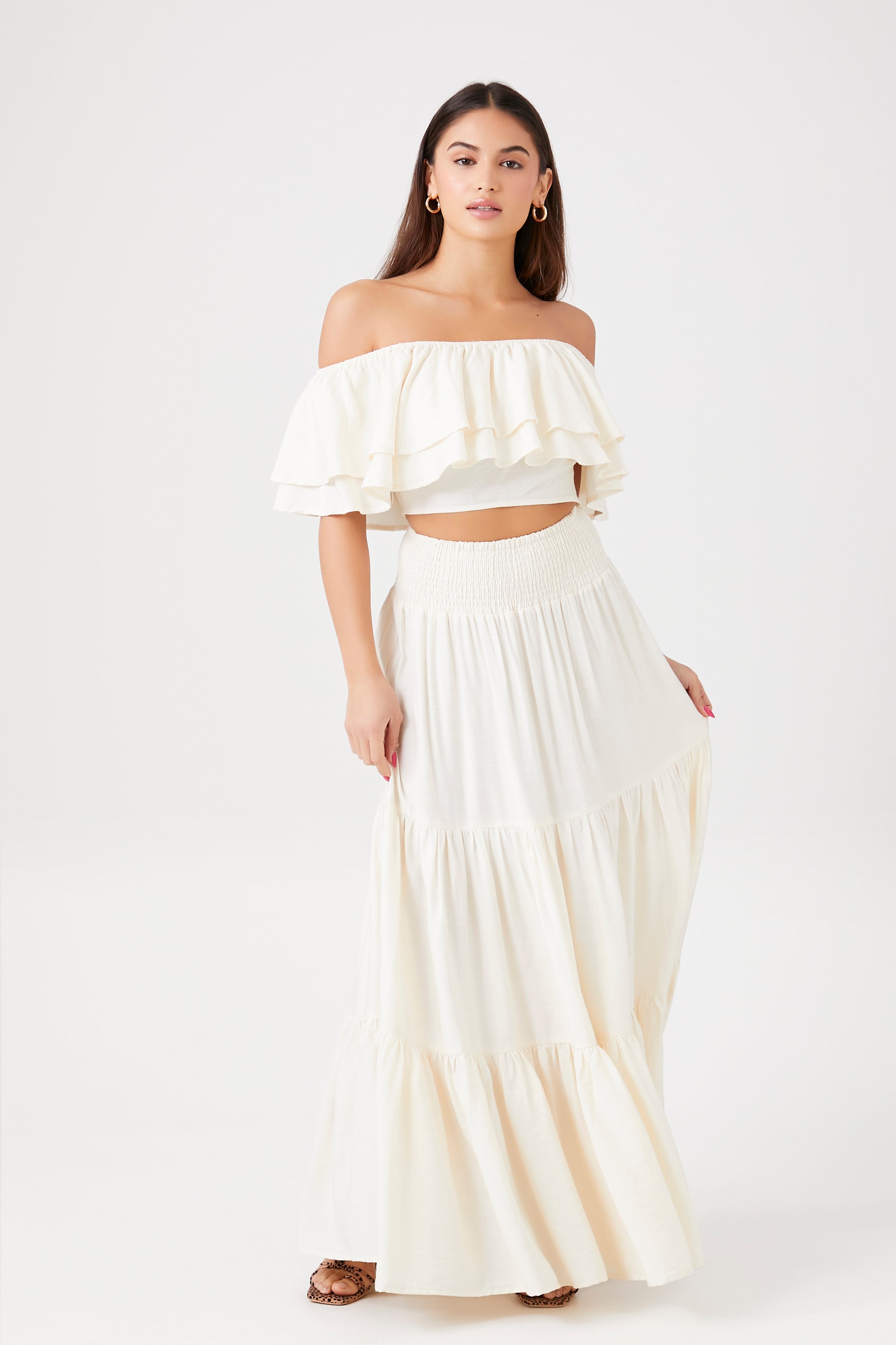 White Linen Ruffle Crop Top & Maxi Skirt
