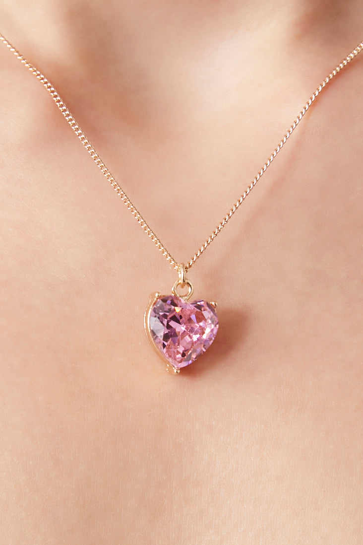 Gold/pink Faux Gem Heart Necklace 1