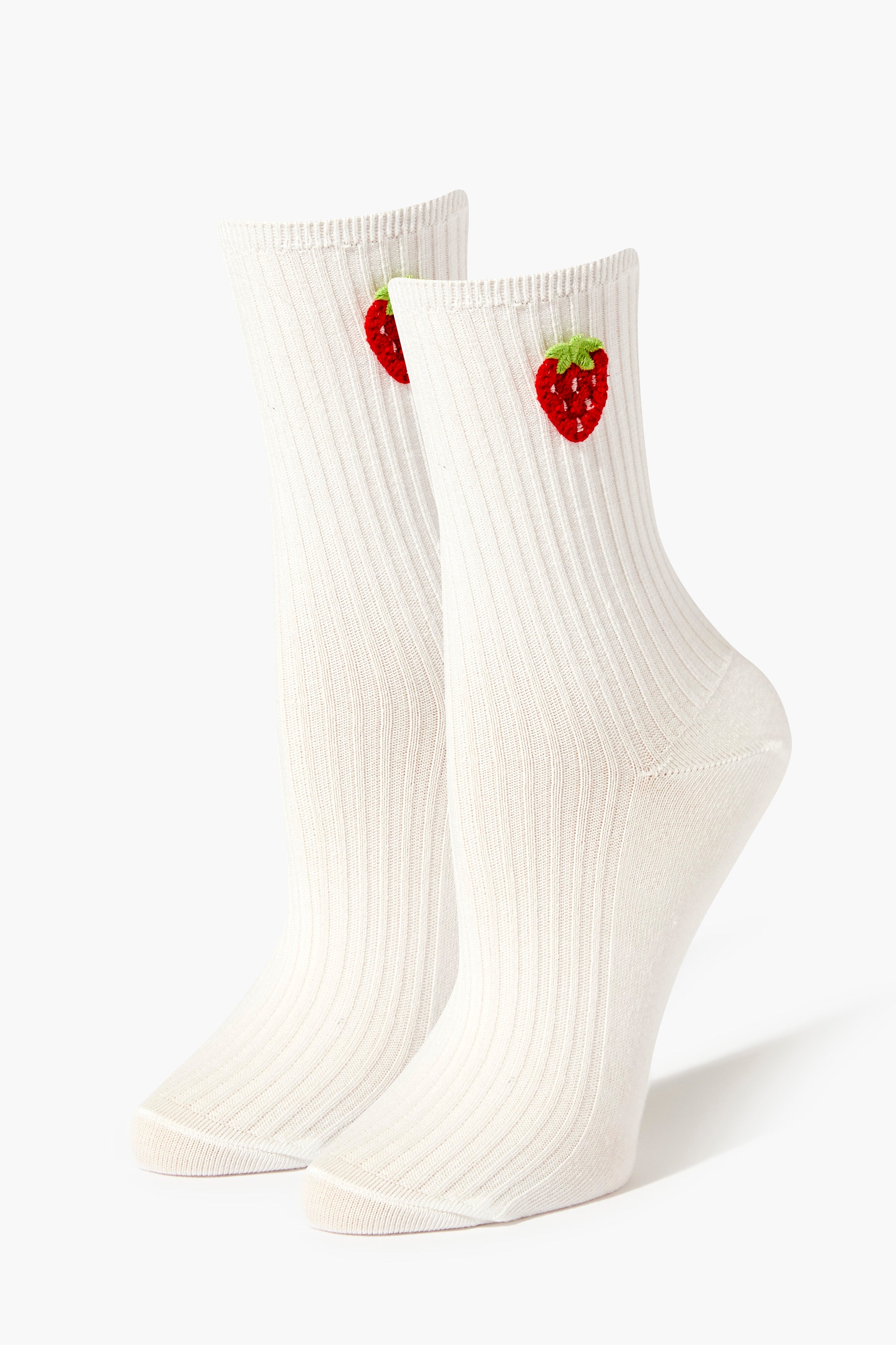 Whitemulti Embroidered Strawberry Crew Socks