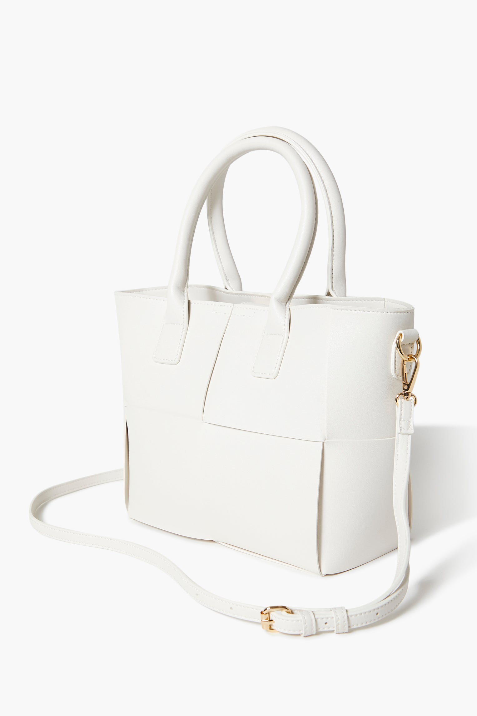White Faux Leather Basketwoven Tote Bag 1