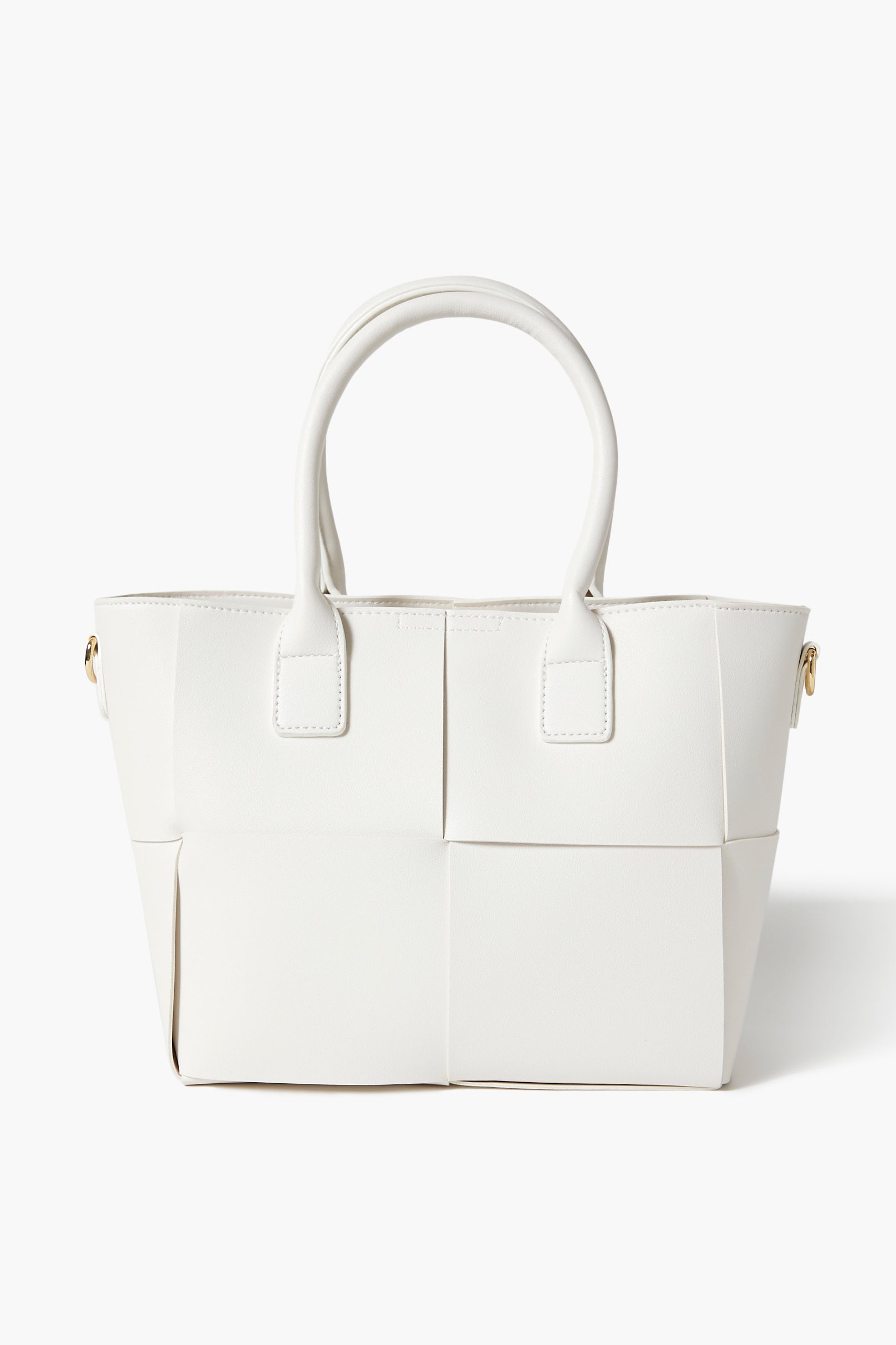 White Faux Leather Basketwoven Tote Bag 3