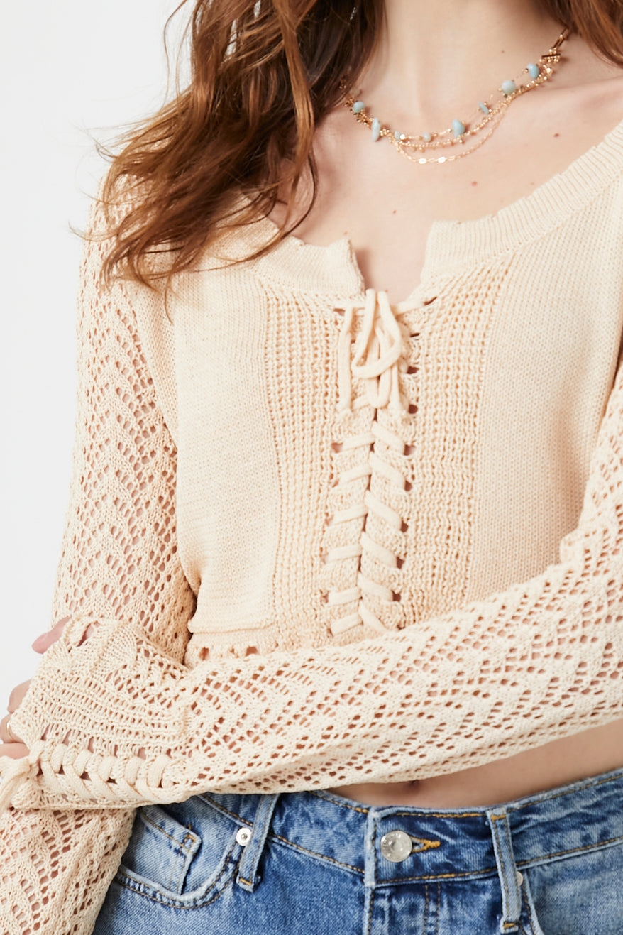 Oatmeal Pointelle Sweater-Knit Crop Top 4