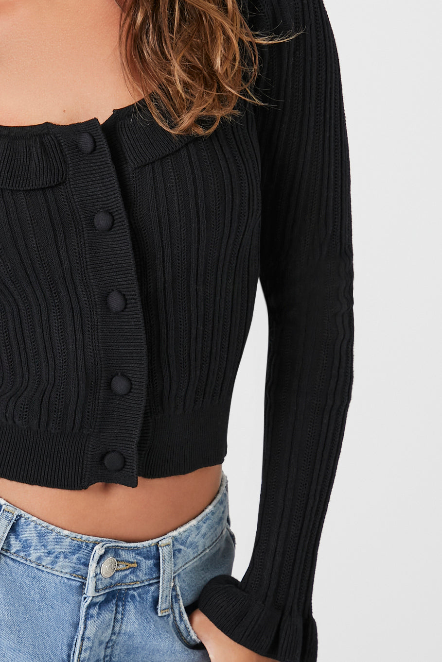 Black Ruffle-Trim Cardigan Sweater 1