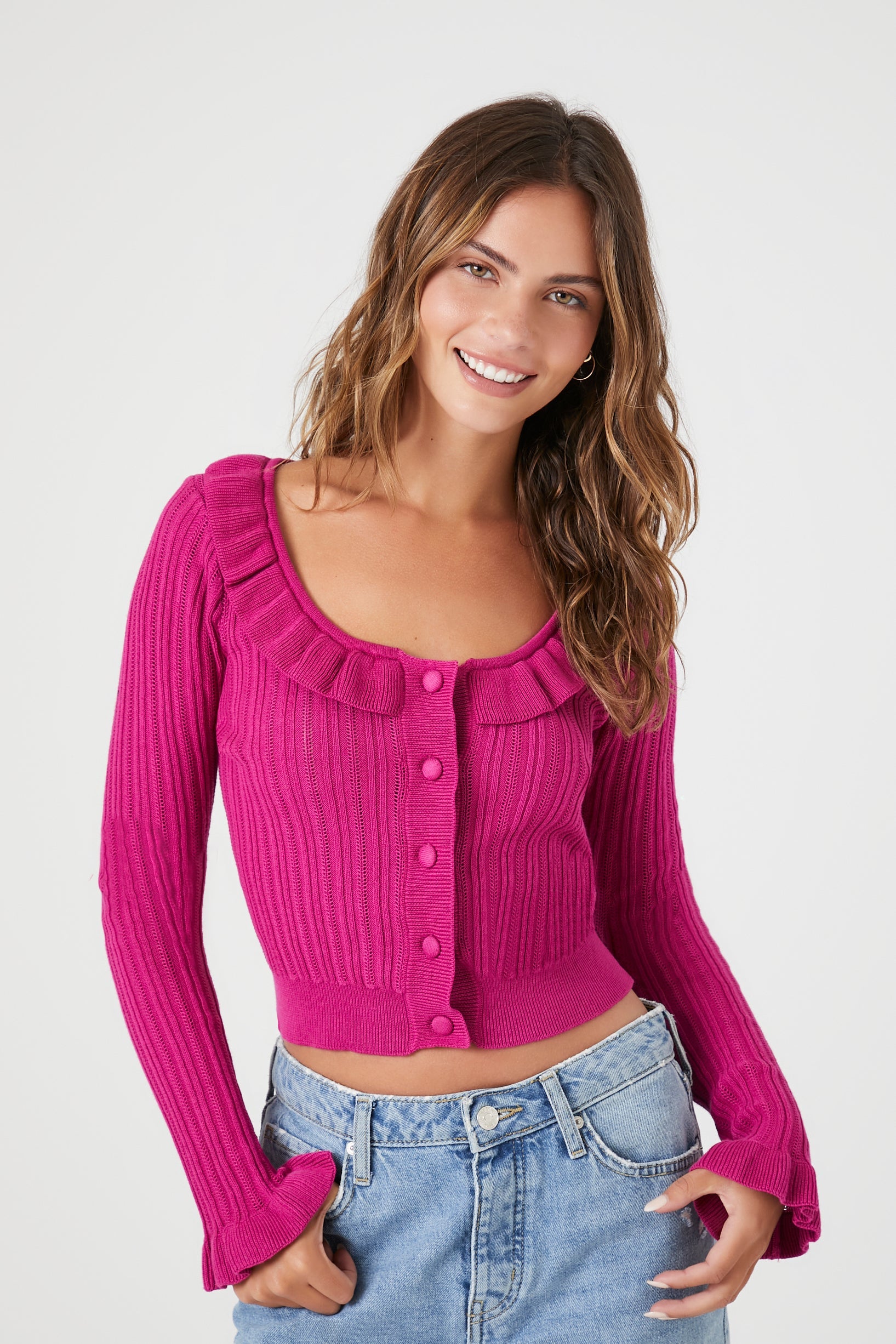 Fuchsia Purple Ruffle-Trim Cardigan Sweater 6