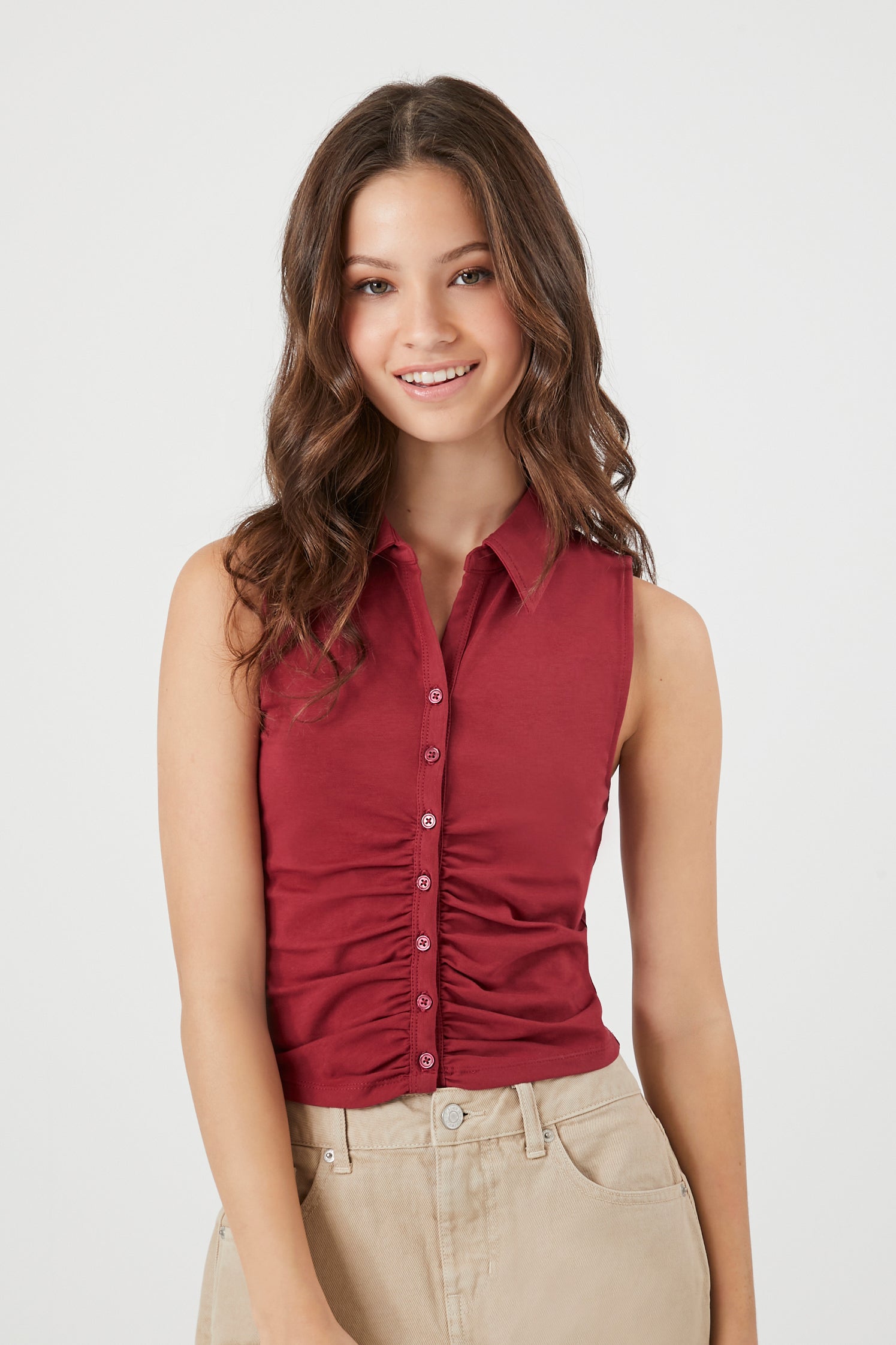 Burgundy Ruched Sleeveless Top 