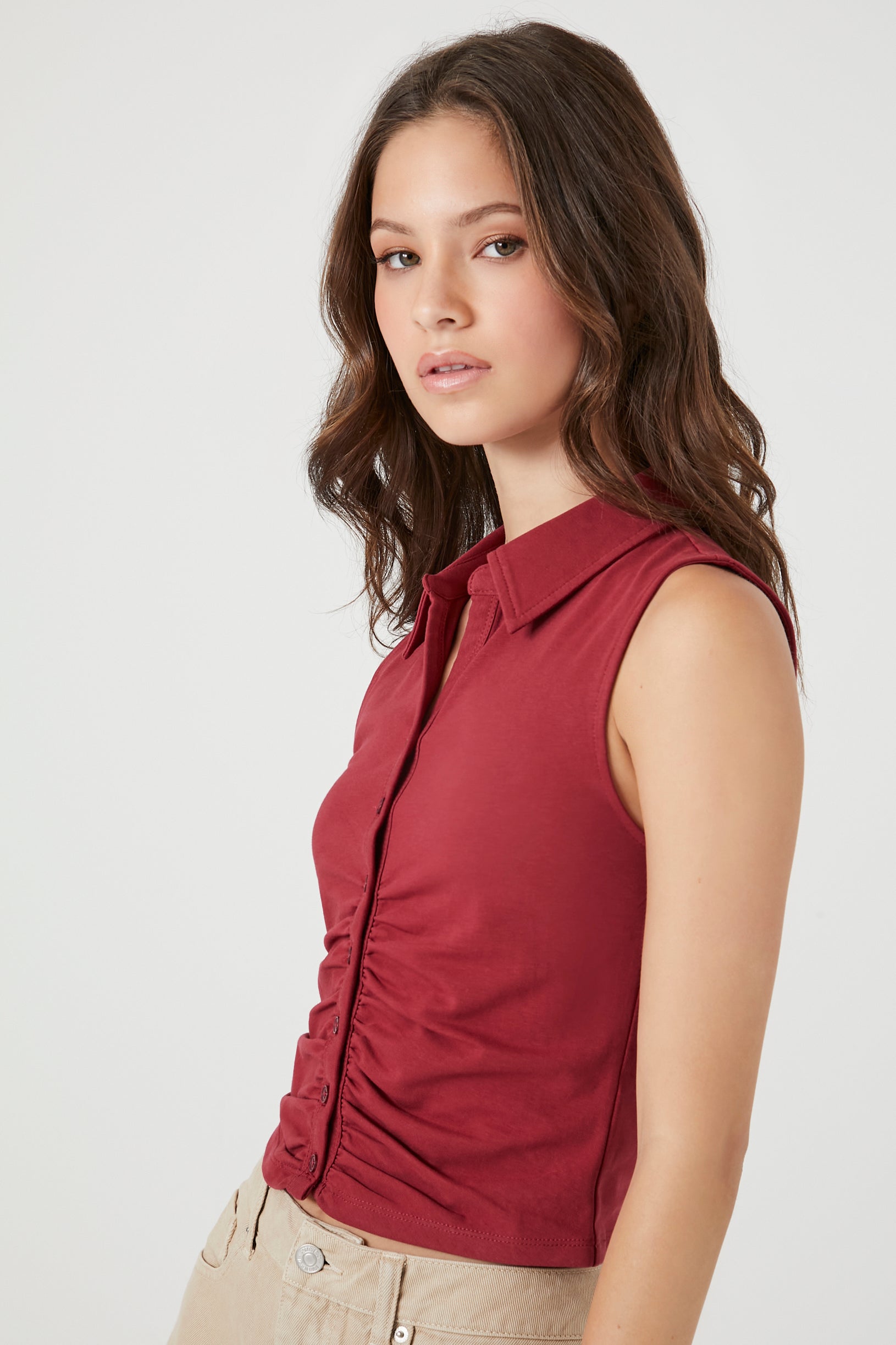 Burgundy Ruched Sleeveless Top 1