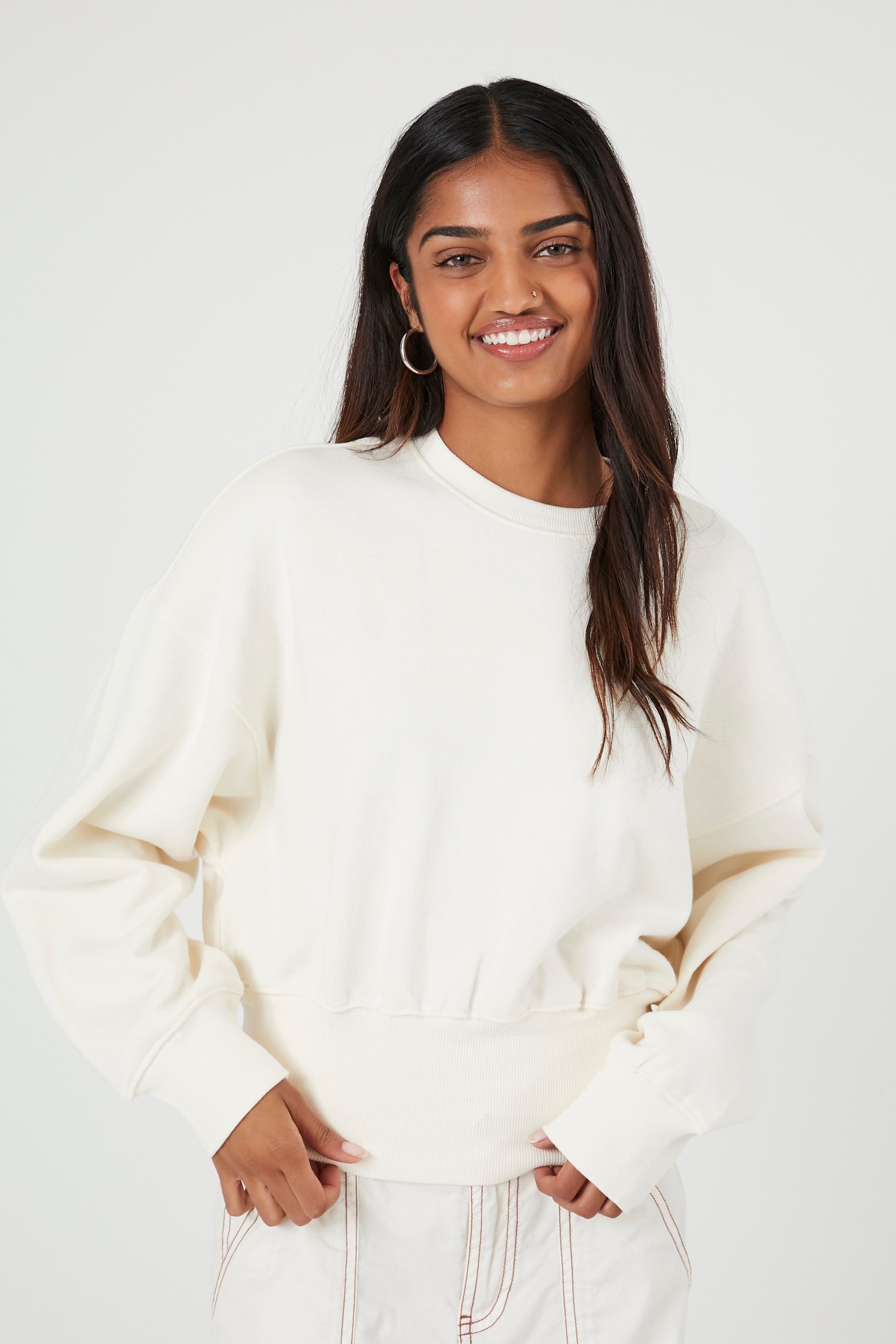 Cream French Terry Drop-Sleeve Pullover 1