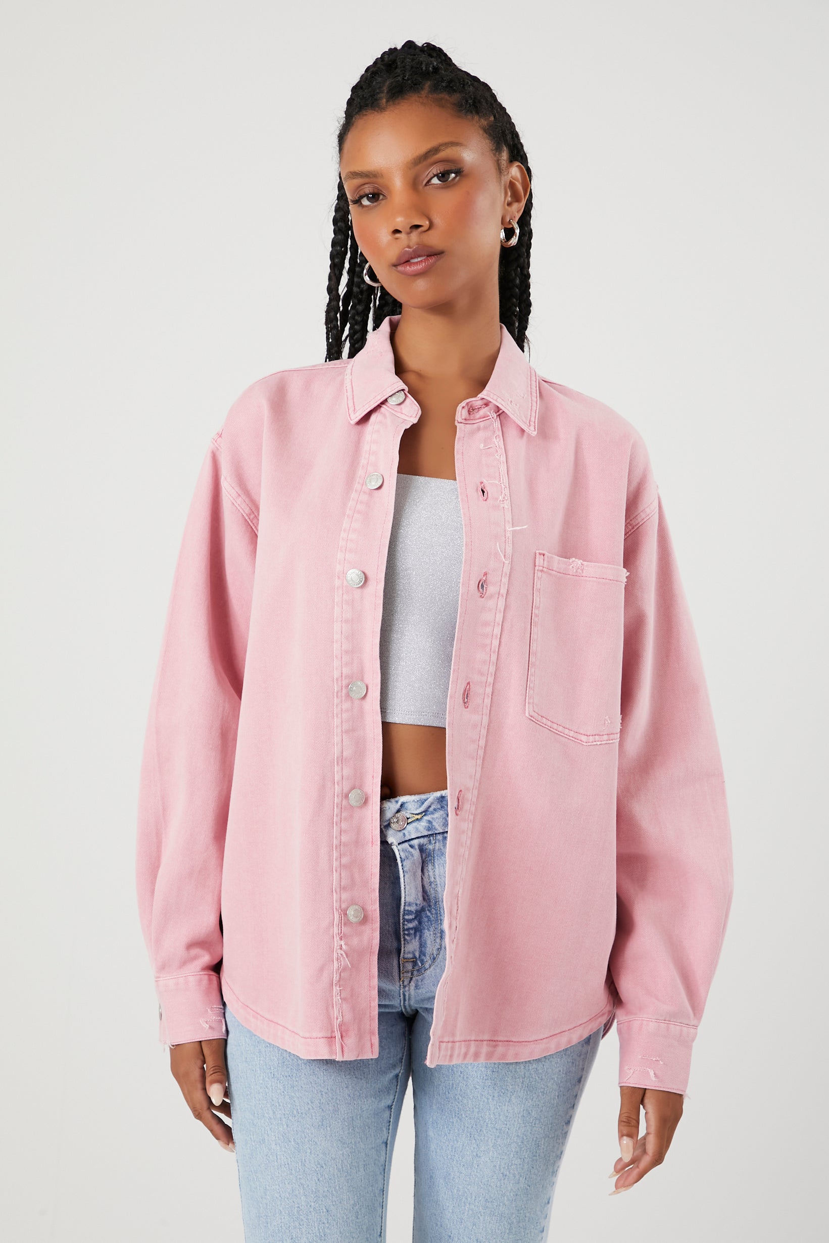 Pink/Multi Distressed Twill Button-Front Shirt 1