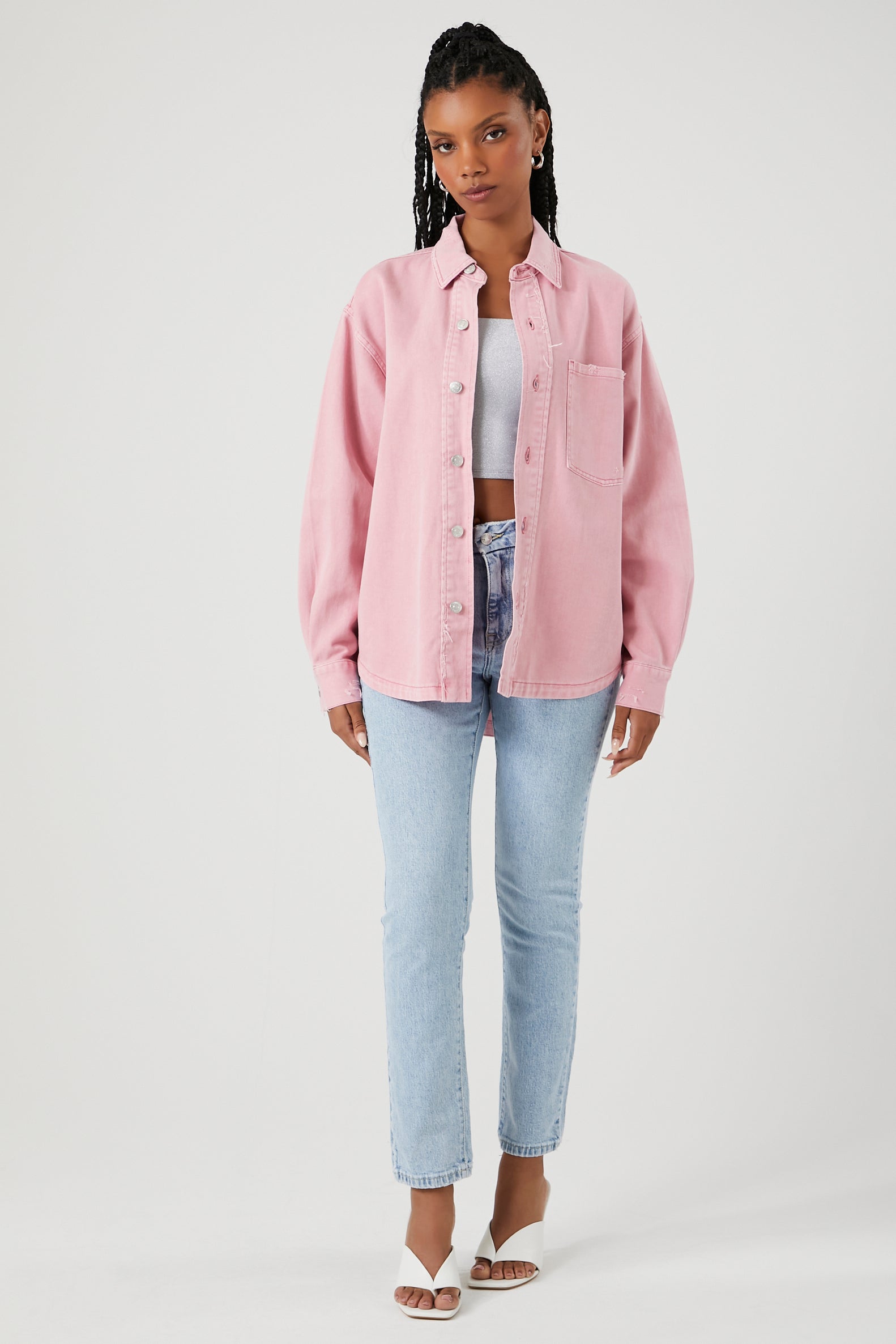Pink/Multi Distressed Twill Button-Front Shirt