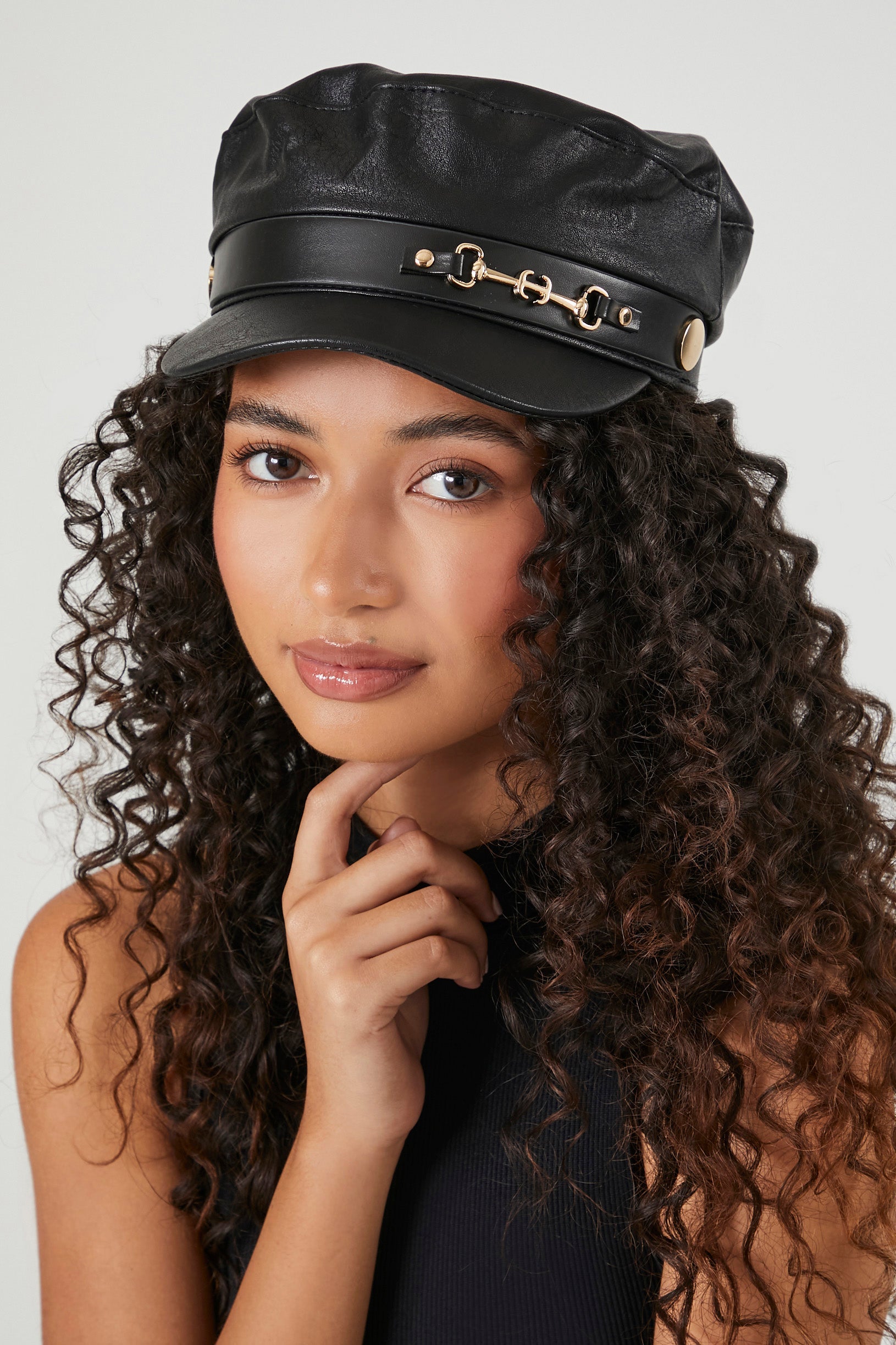 Black/Gold Faux Leather Cabbie Hat 1