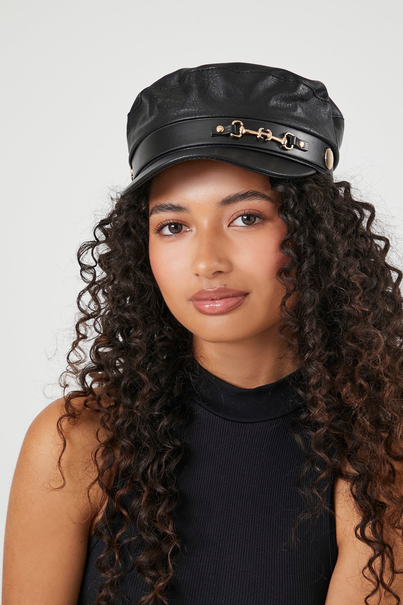 Black/Gold Faux Leather Cabbie Hat