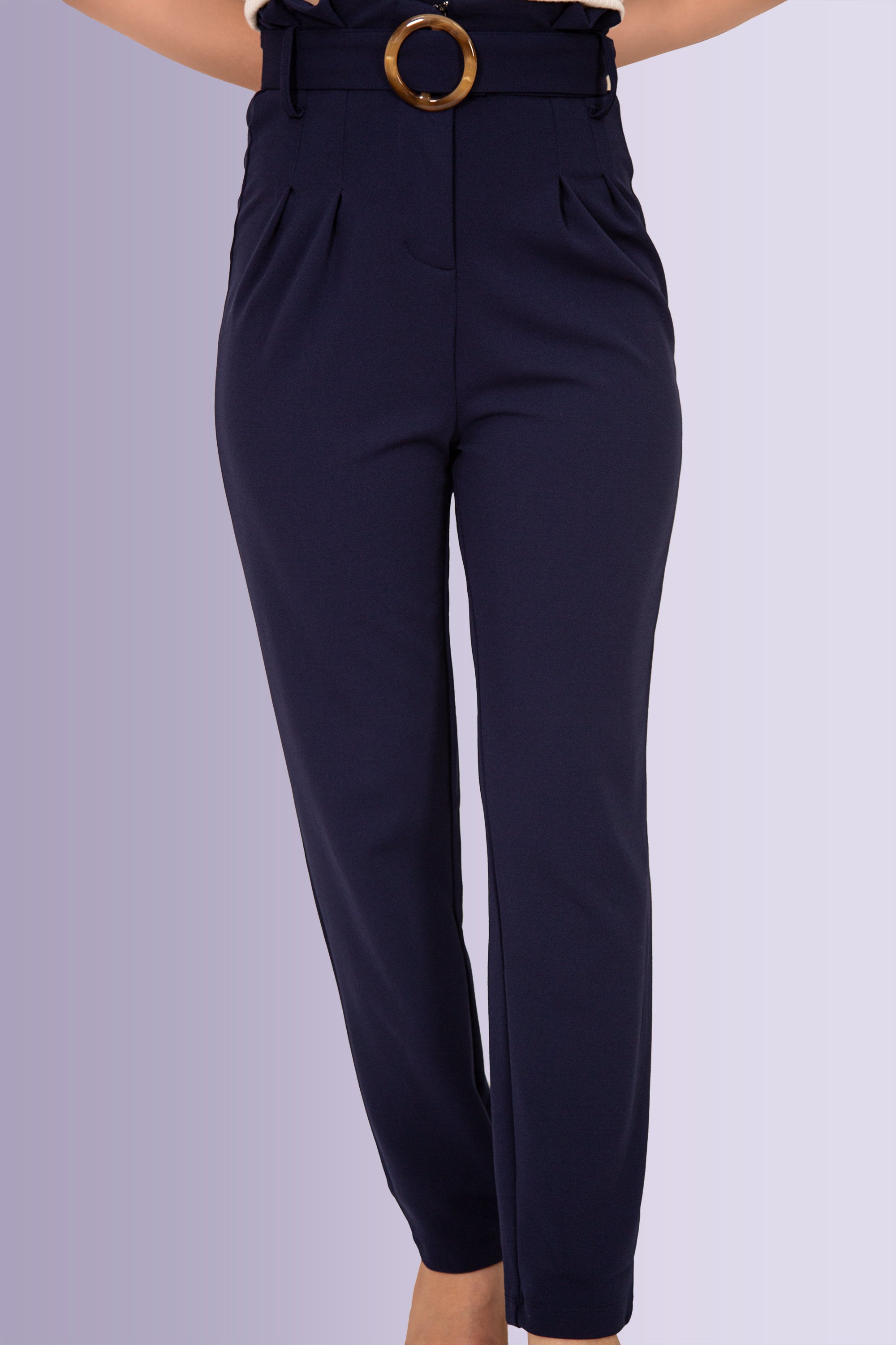 Navy Belted High-Rise Trousers 1