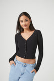 Black Cropped Rib-Knit Cardigan Sweater 