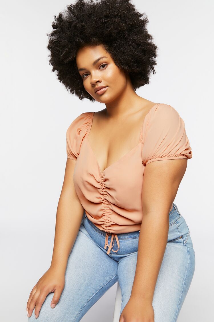 SeashellPlus Size Ruched Puff-Sleeve Crop Top 1