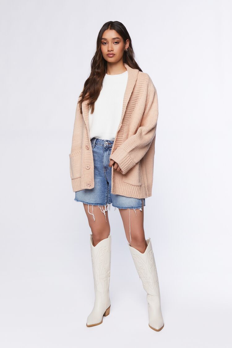 Taupe Heart Ribbed Open-Front Cardigan