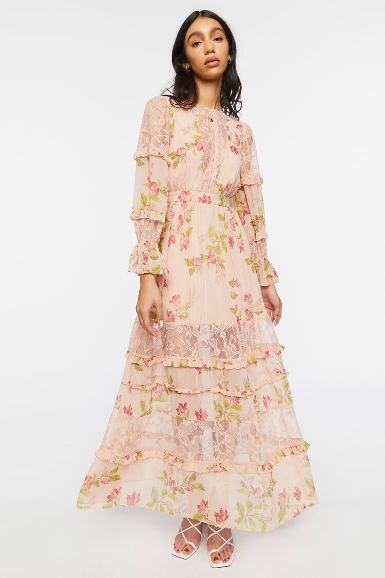 Blush Lace-Trim Tiered Floral Maxi Dress