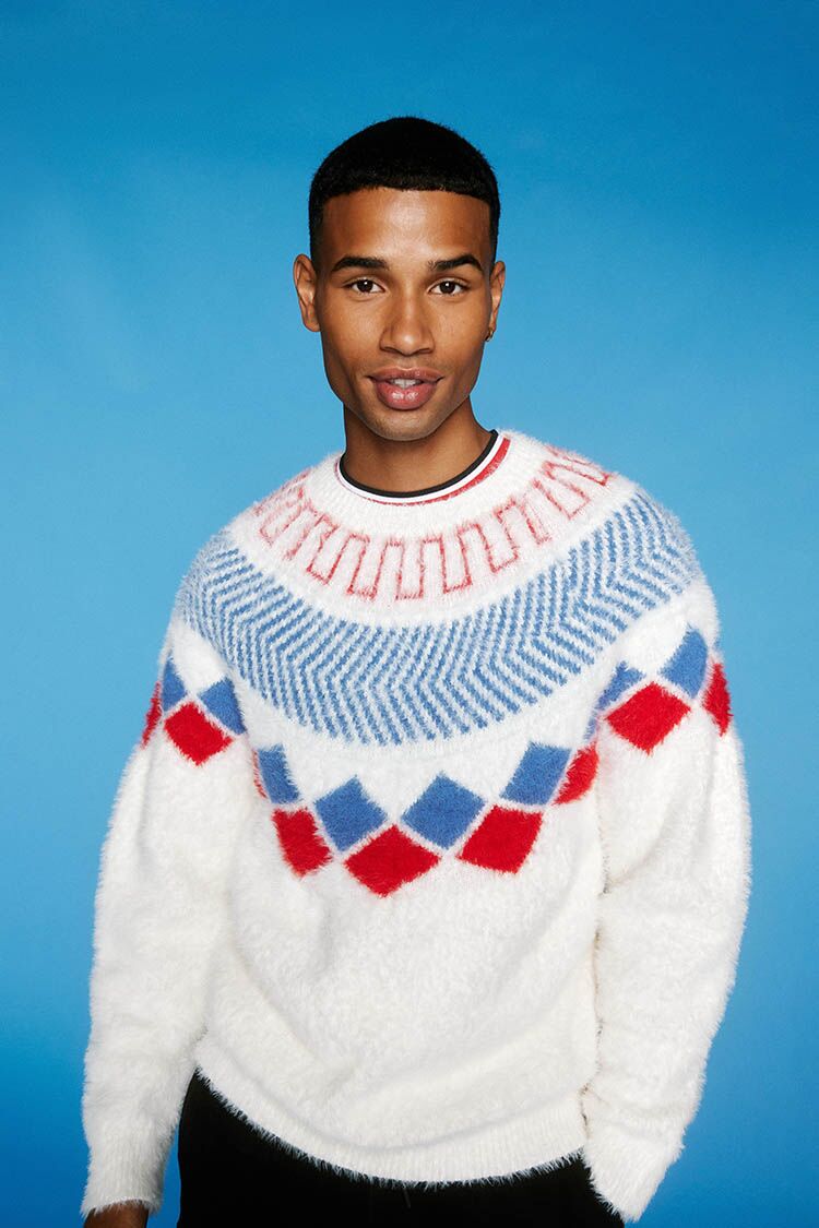 Cream Multi Fuzzy Knit Geo Pattern Sweater6