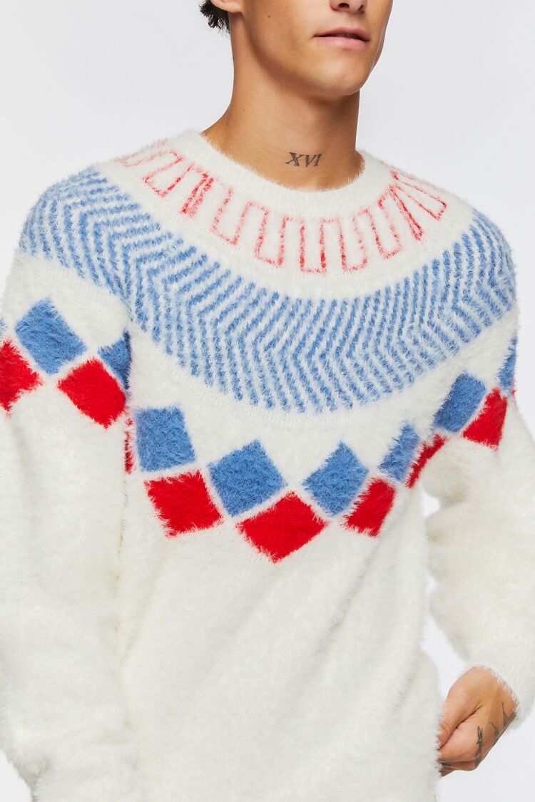 Cream Multi Fuzzy Knit Geo Pattern Sweater 2